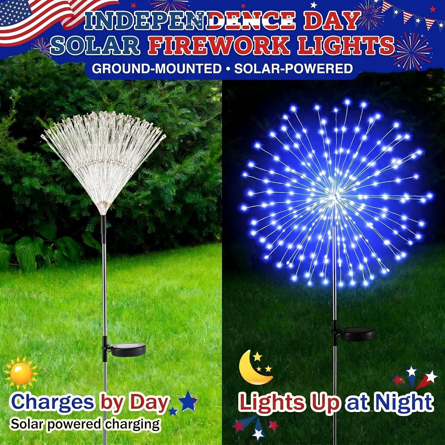 Tujoe 6 Pcs 4th of July Solar Firework Lights Patriotic Solar Light Outdoor Garden 120 LED 8 Modes Waterproof LED Sparkler Light for 250th Anniversary Patio Yard Pathway (Blue,Gold,White)