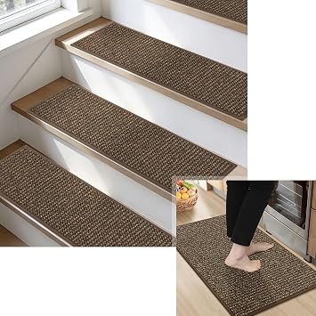 BEQHAUSE Kitchen Rug 20"x32" and 15Pcs Stair Treads, Non-Slip Kitchen Mats for Floor Stain-Resist Absorbent, Washable Stair Treads for Wooden Steps, Suitable for Kitchen, Staircase, Brown