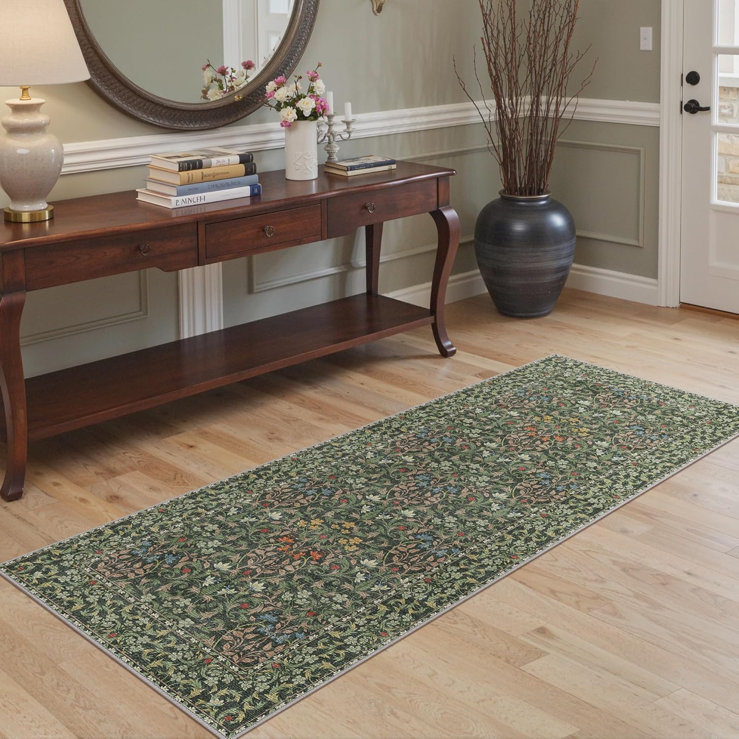 Bavni Boho Floral Kitchen Runner Rug 2x6, Washable Non Slip Thin Carpet for Hallway Bathroom Laundry Room, Ultra Soft Botanical Runner for Entryway, Modern Indoor Floor Decor, Emerald Green