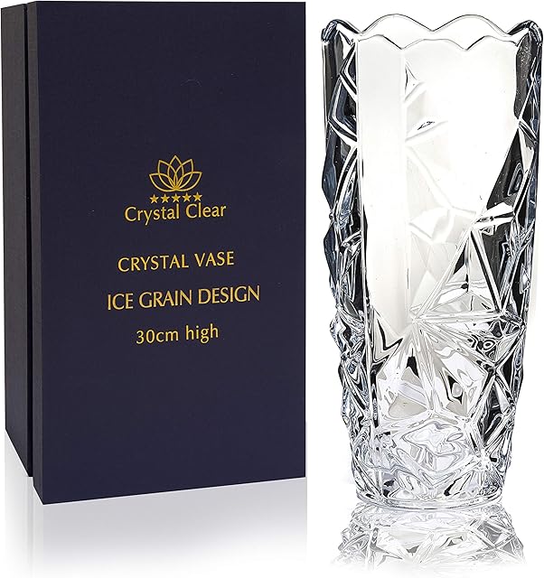 Crystal Vase,, 30cm high, For Flowers & Decor, Ice Grain Design, Eternal Love for Home Nice, Shiny, Adorable, Suitable For all Occasions, Perfect as a Gift,
