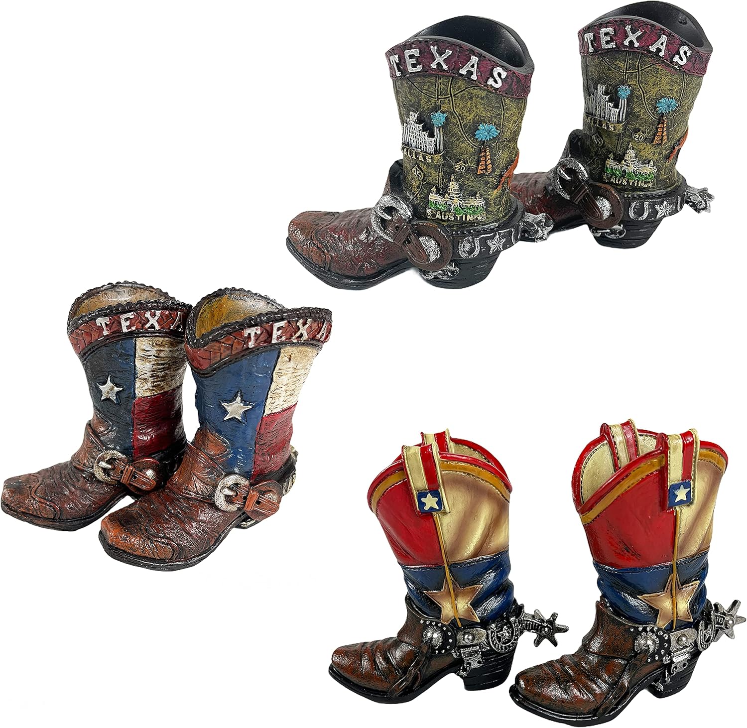 Urbalabs Western Cowboy Boot Texas Flag Toothpick Holder Vase Distressed Decorative Cowboy Boots with Spurs Home Office Rustic Decor Country Living Pen Holder for Desk (Texas Double)