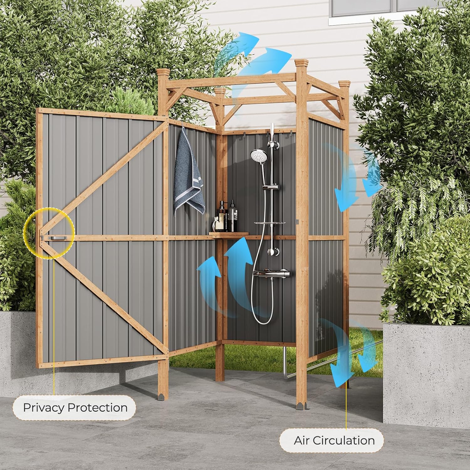EROMMY Outdoor Shower Enclosure with Lockable Door, Weatherproof Outdoor Shower Stall with Metal Panels, Hooks & Shelves - Perfect for Pool Wash Station, Backyard & Beach Rinse Area Small Version
