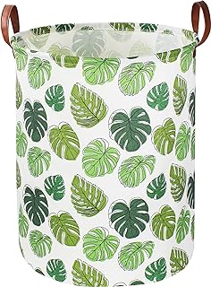 NTAOHAMPER Round Green Laundry Hamper, Jungle Themed Nursery Decor, Tropical Pattern Basket, Monstera Room Decor,Waterproof Storage Bin, Gift Basket(Leaf)
