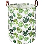 NTAOHAMPER Round Green Laundry Hamper, Jungle Themed Nursery Decor, Tropical Pattern Basket, Monstera Room Decor,Waterproof Storage Bin, Gift Basket(Leaf)