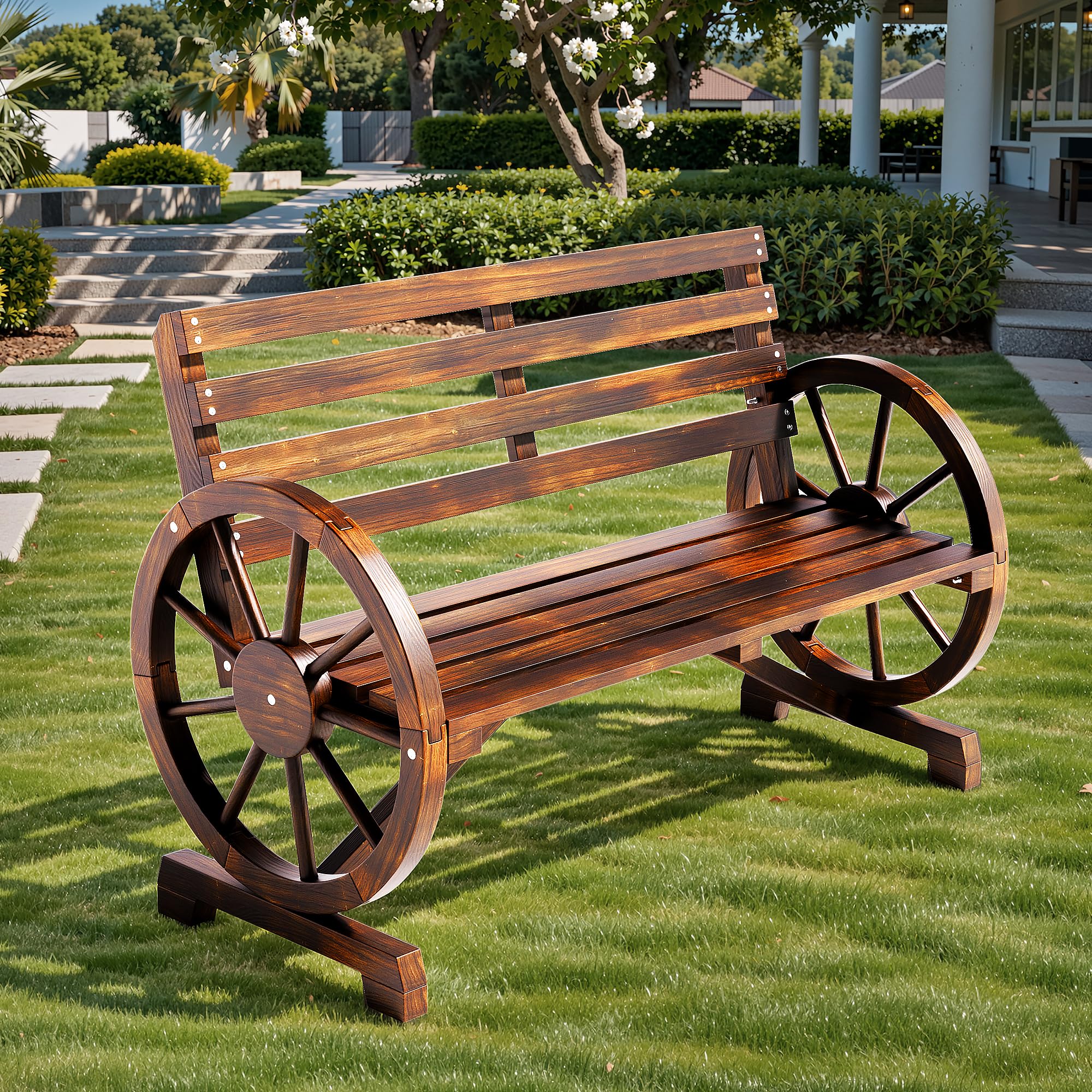 Banco de Exterior 2 Plazas, Madera de Cedro Macizo Resistente a la Intemperie, Reposabrazos en Forma de Rueda, Estilo Campestre, Carga 300 kg, para Patio Jardín Parque, 103x54x78 cm