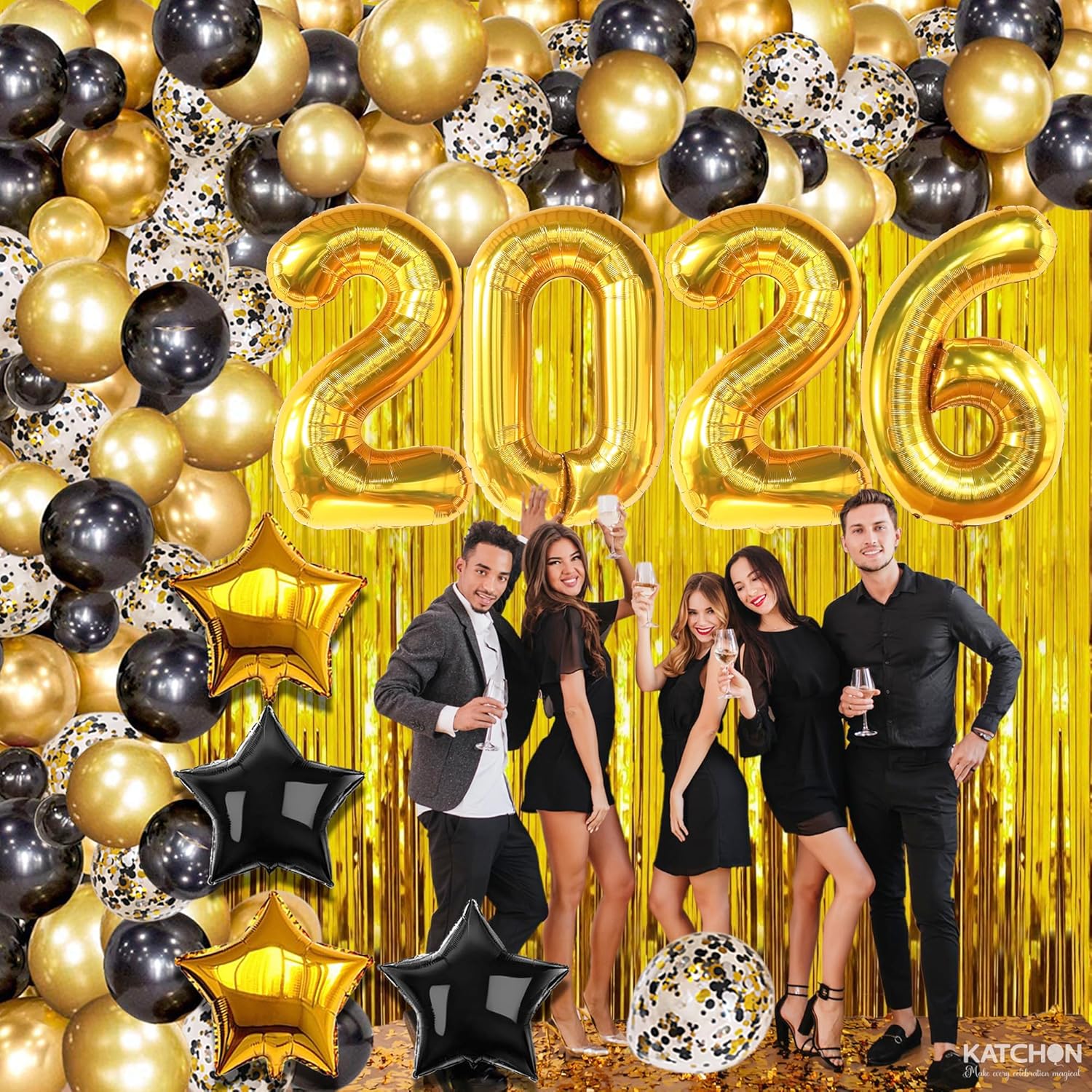 KatchOn, New Years Eve Party Supplies 2026 - Huge Set Pack of 86 | Black and Gold 2026 Balloons Arch Kit with Gold Fringe Curtain Backdrop | Happy New Years Decorations 2026, NYE Decorations 2026