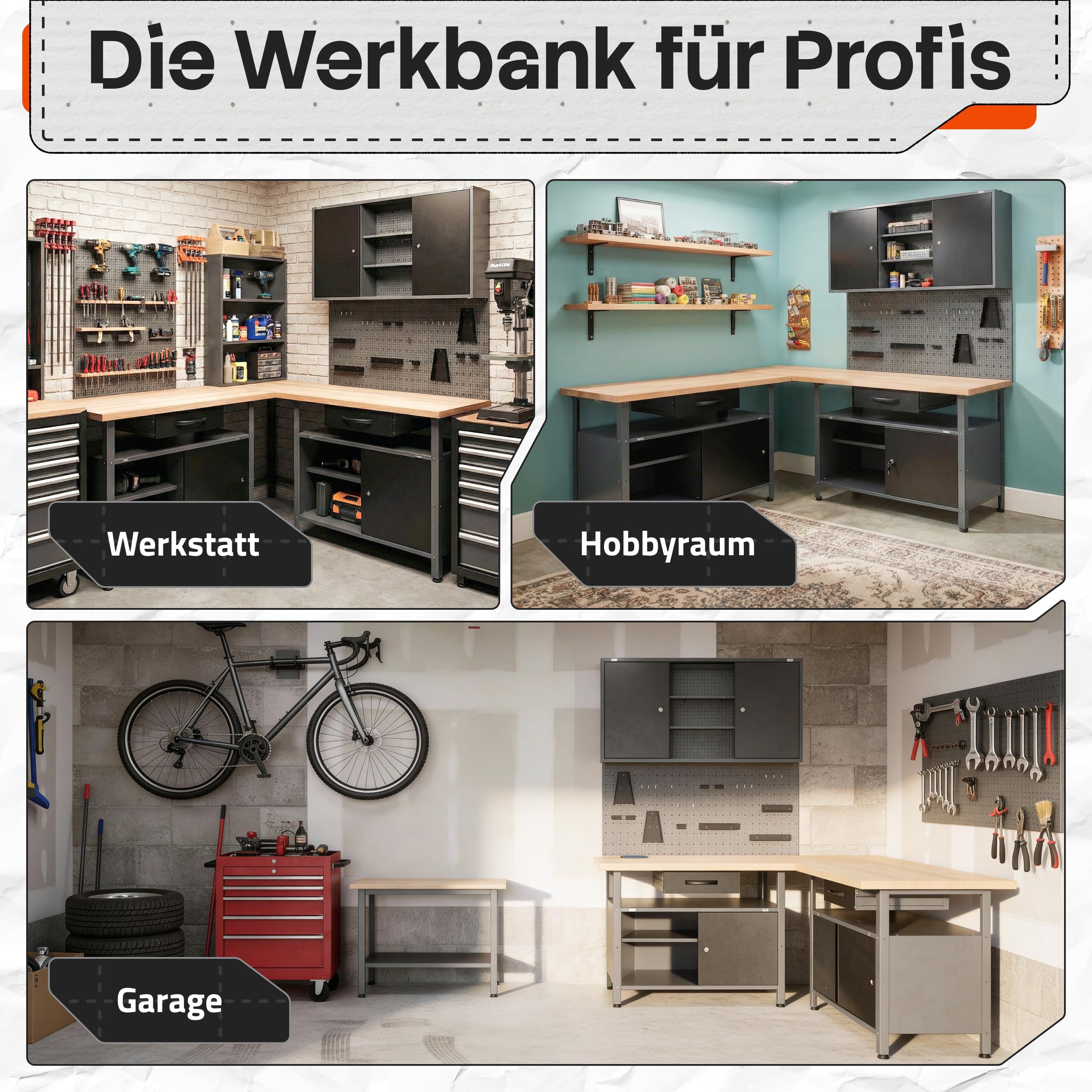 Ondis24 Werkstatt Set Ecklösung Classic One, Werkbank, 120 + 60 cm Buchenholzarbeitsplatte, Werkzeugschrank, Werkzeugwand Lochwand, Haken Set, Metall (Arbeitshöhe 85cm, schwarz)