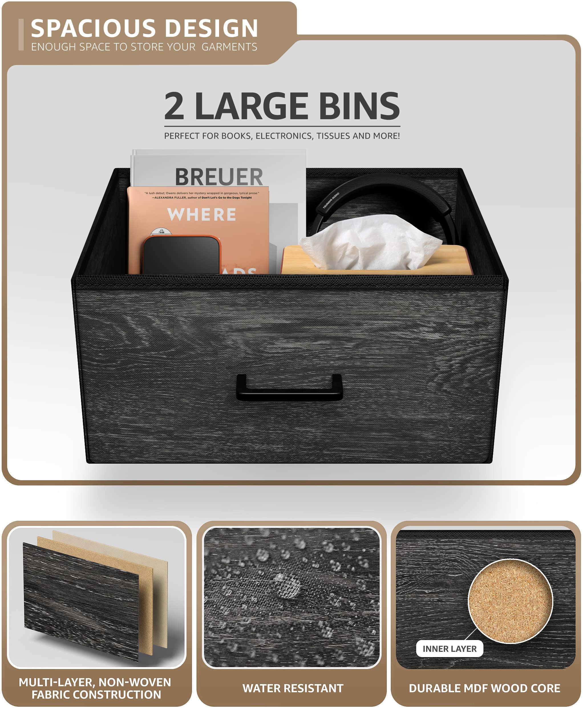 Sorbus 2-Drawer Nightstand With Fabric Bins – Steel Frame, Wood Top, Compact Dresser For Bedroom, Dorm, Or Living Room