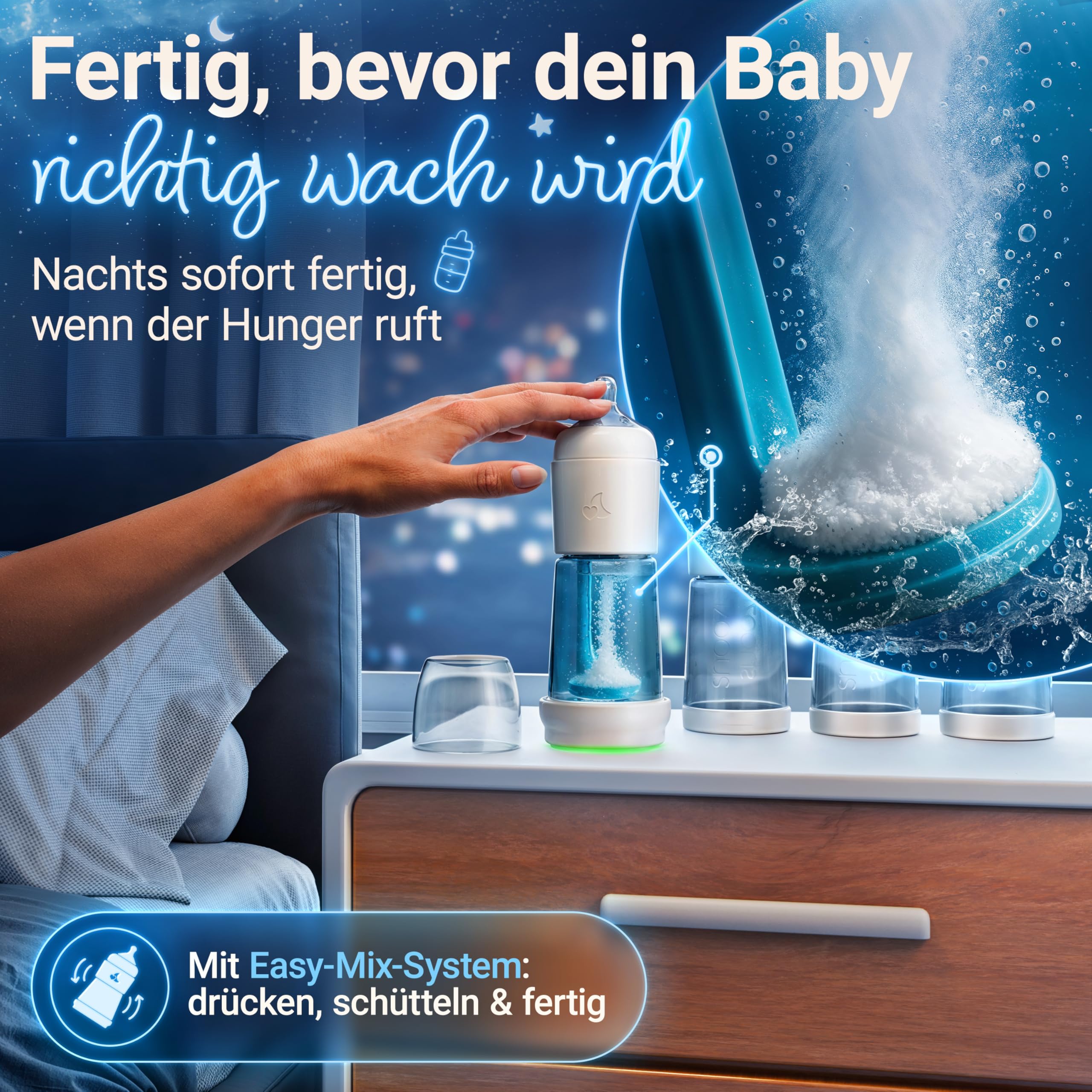 SNOOZI 2er-Set – Baby Nachtflasche mit Flaschenwärmer (2 Flaschen pro Nacht) Babyflasche mit integriertem Milchpulver-Behälter in der Flasche