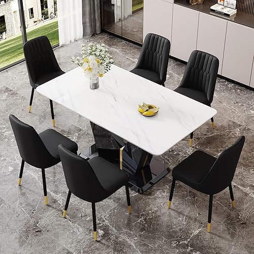 Miniatura 3 de Sillas de Comedor Modernas 6 - Juego de mesa de comedor de mármol para 6, 7 piezas, color blanco, juego de mesa de cocina de mármol de 63 pulgadas