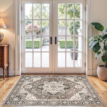 RUUGME Washable 3x4 Entryway Rug - Vintage Low Pile Area Rugs Non-Slip Stain Resistant Carpet for Entrance Kitchen Hallway Soft Thin Indoor Floor Decor Mat for Bedroom Front Door BathroomBeige,3x4