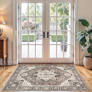 RUUGME Washable 3x4 Entryway Rug - Vintage Low Pile Area Rugs Non-Slip Stain Resistant Carpet for Entrance Kitchen Hallway Soft Thin Indoor Floor Decor Mat for Bedroom Front Door Bathroom(Beige,3x4)