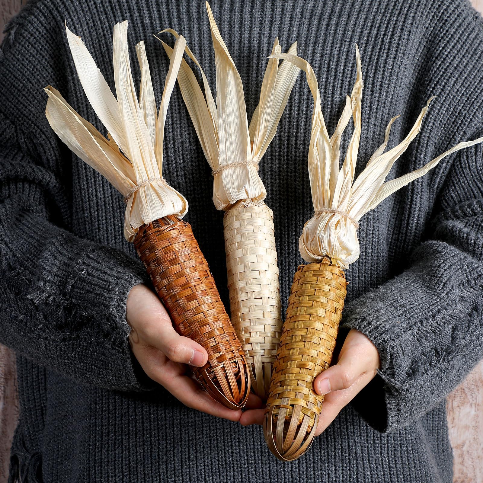 Weysat 3 Pcs Fall Thanksgiving Fake Corn Ornament Autumn Harvest Rustic Farmhouse Decor Handmade Bamboo Woven Corn on The Cob with Husks Fall Decor for Home Kitchen Wall Door Shelf Fireplace