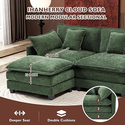 Miniatura 3 de Ihanherry 111.4" L Shaped Modern Sofa Modular Sectional Cloud Couch with Ottoman, 4-Seat Chenille Deep Seat Sofa with Pillow for Living Room,