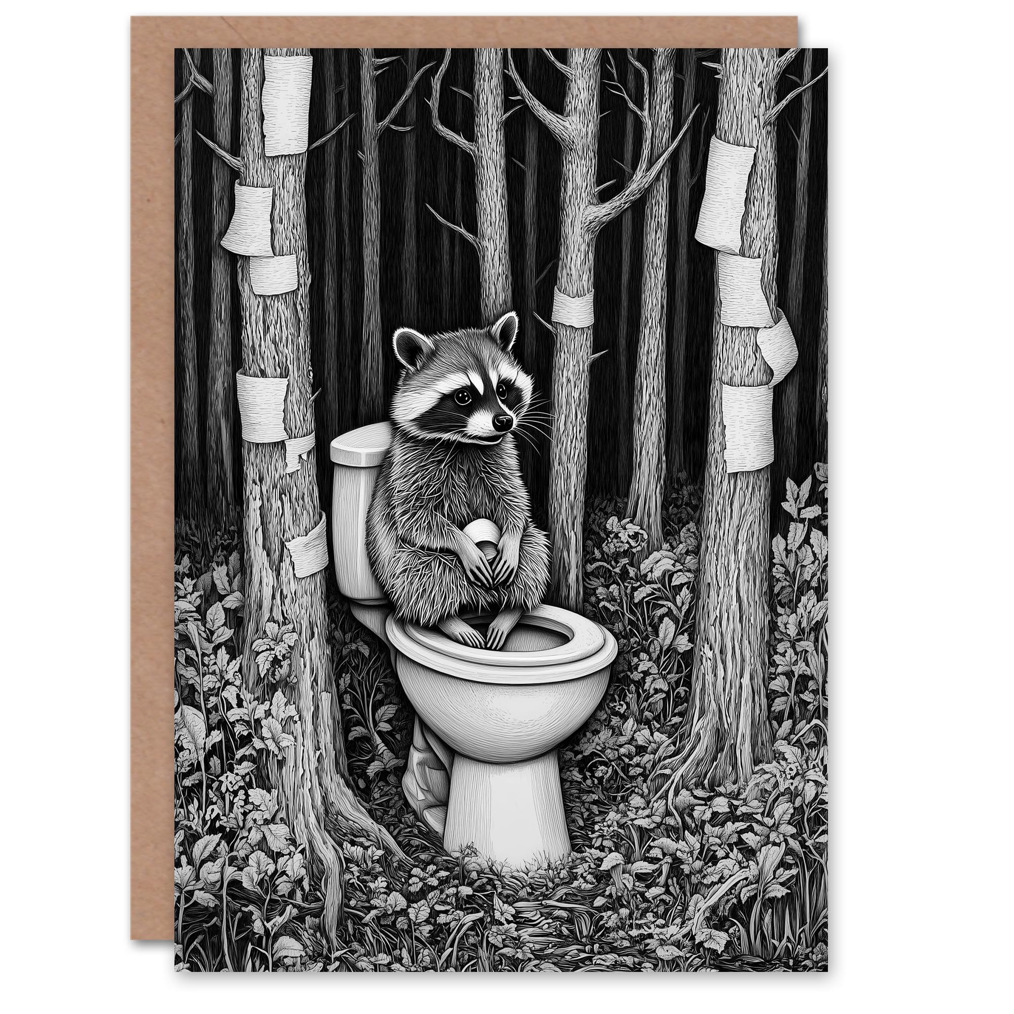 Artery8 Greeting Card Raccoon on Toilet in Forest Black White Surreal Blank For Him Or Her Art Birthday Card