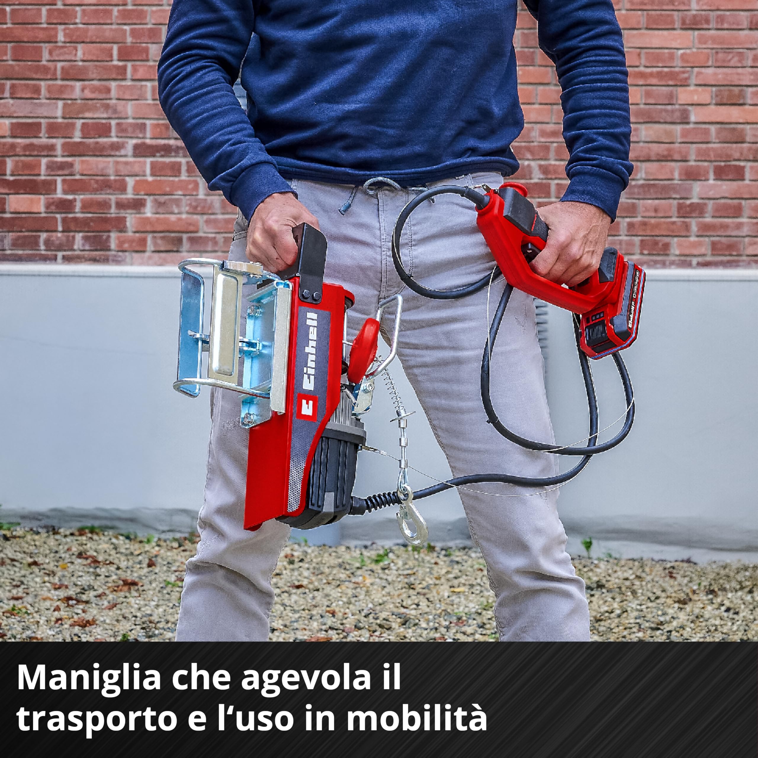 Einhell paranco a batteria TE-EH 18/250 Li BL Power X-Change (18 V, Brushless, portata 125 kg / 250 kg con puleggia, altezza di sollevamento 12 m, velocità di sollevamento 3,5 m/min, fune d’acciaio)