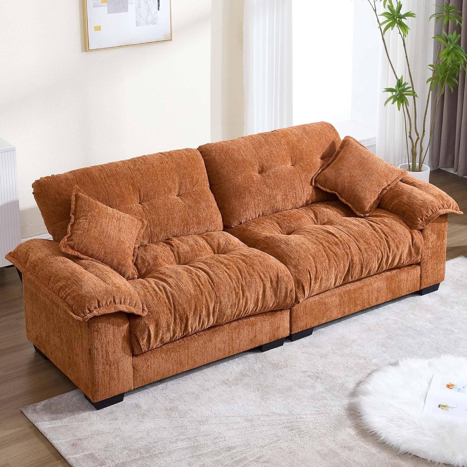 90.5" Modular Cloud Sofa, 2 Seater Couch, Oversized Loveseat with Armrest Pillow, Comfy Tufted Couch, Deep Seat Love Seats for Living Room, Apartment, Small Space- Orange