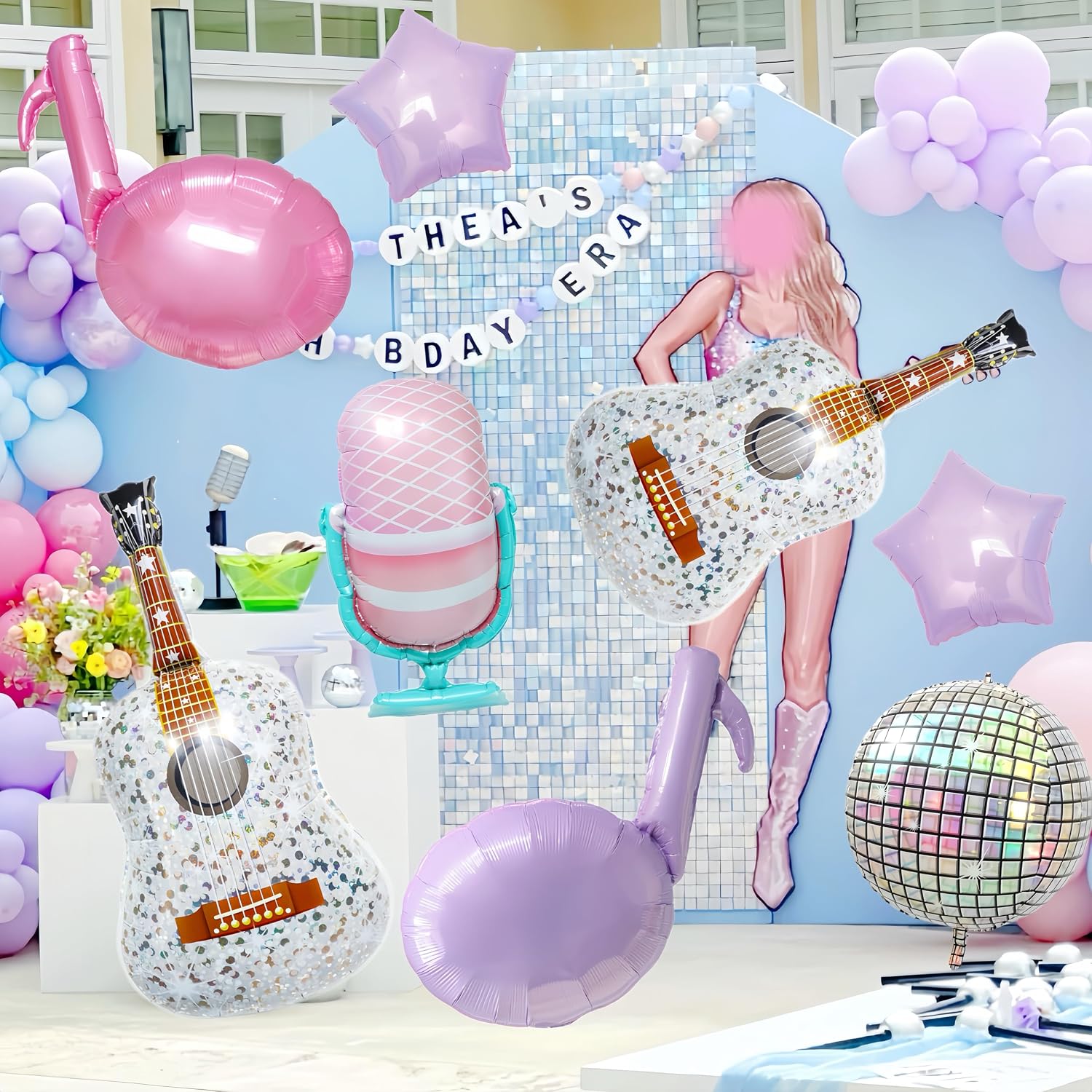 7Pcs Pink Purple Music Note Balloons for Singer Fans Party Decoration/Tayl Singer Birthday Decor/Korean Idol Demon Hunters Concert Balloon/Iridescent Disco Ball Foil Balloons/Popular Singer Supplies image 4