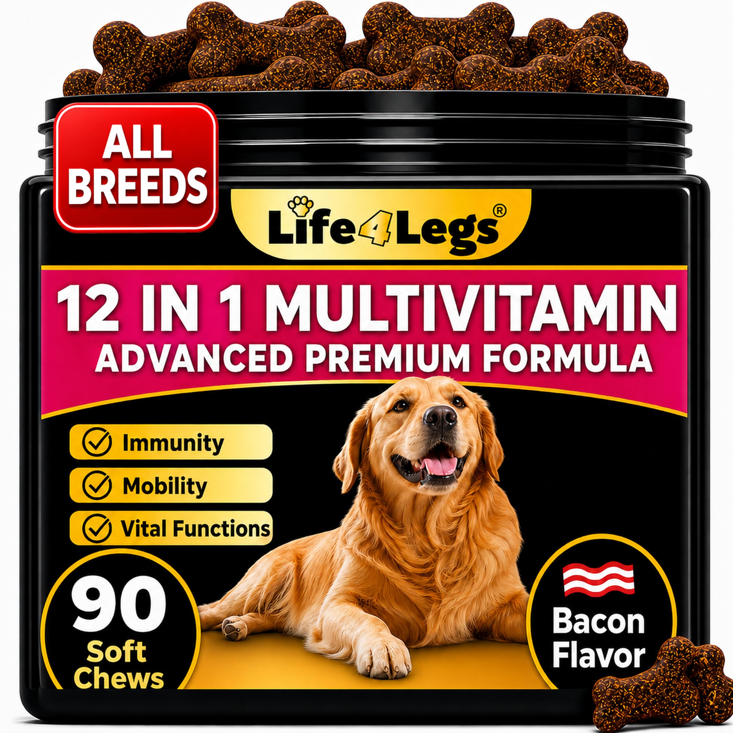 Soft Chews Dog Vitamins & Supplements - Dog Multivitamin - Hemp Oil Glucosamine Chondroitin Hip and Joint Support Health, Skin & Coat, Digestion & Immune Booster, Heart, Probiotics