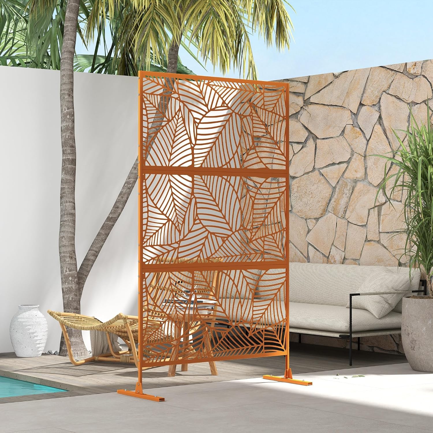Outsunny Metal Outdoor Privacy Screen, Decorative Privacy Fence Screen, Outdoor Divider with Leaf Motif for Fun Shadows or Use as Climbing Plant Trellis for Garden Walkway, Balcony, Patio, 6.5', Brown