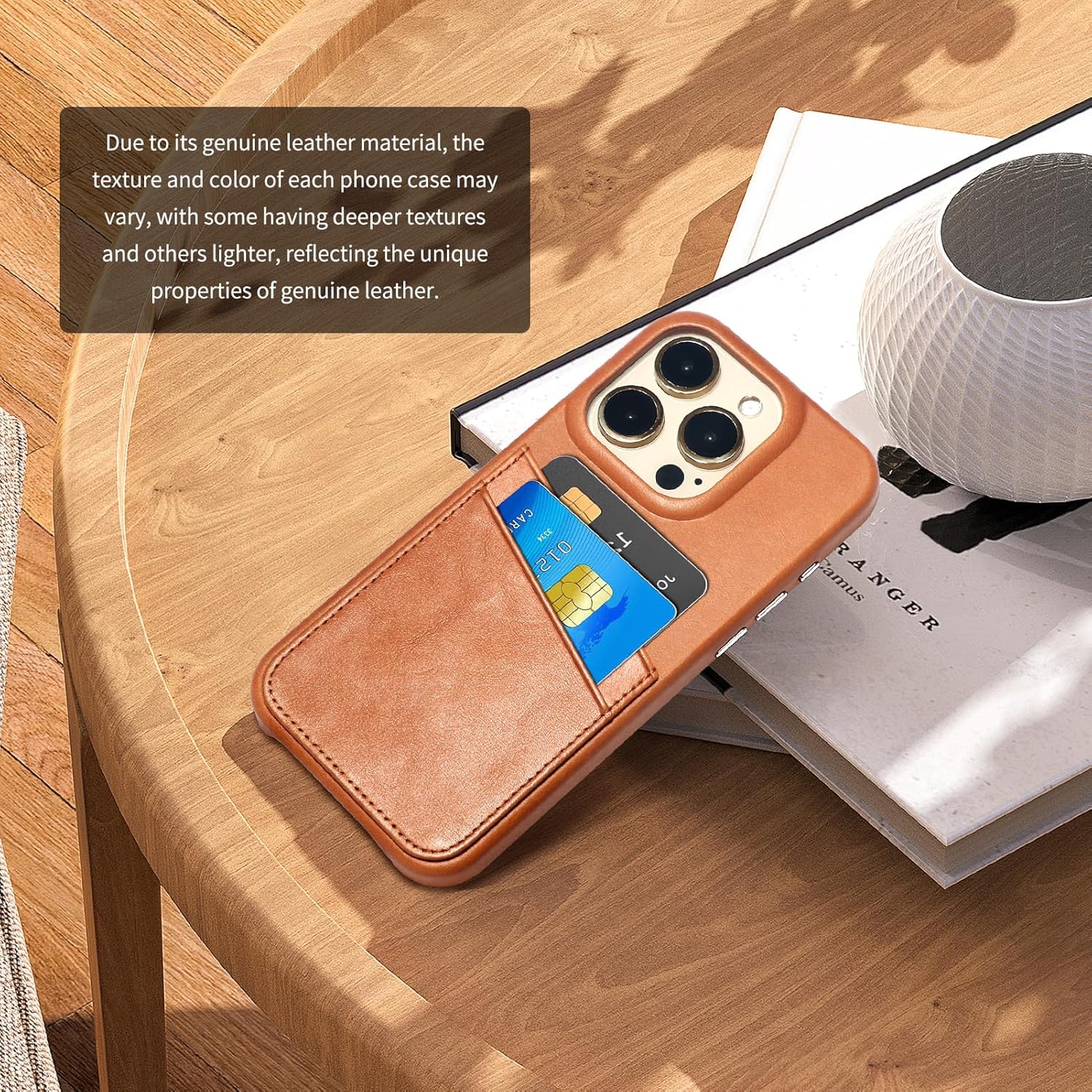 LUCKYCOIN 100% Genuine Leather Wallet Phone Case for iPhone 14 Pro, Slim Design with Card Holder, Shockproof Protective Cover, Microfiber Lining & Metal Buttons, for Men and Women, Tan