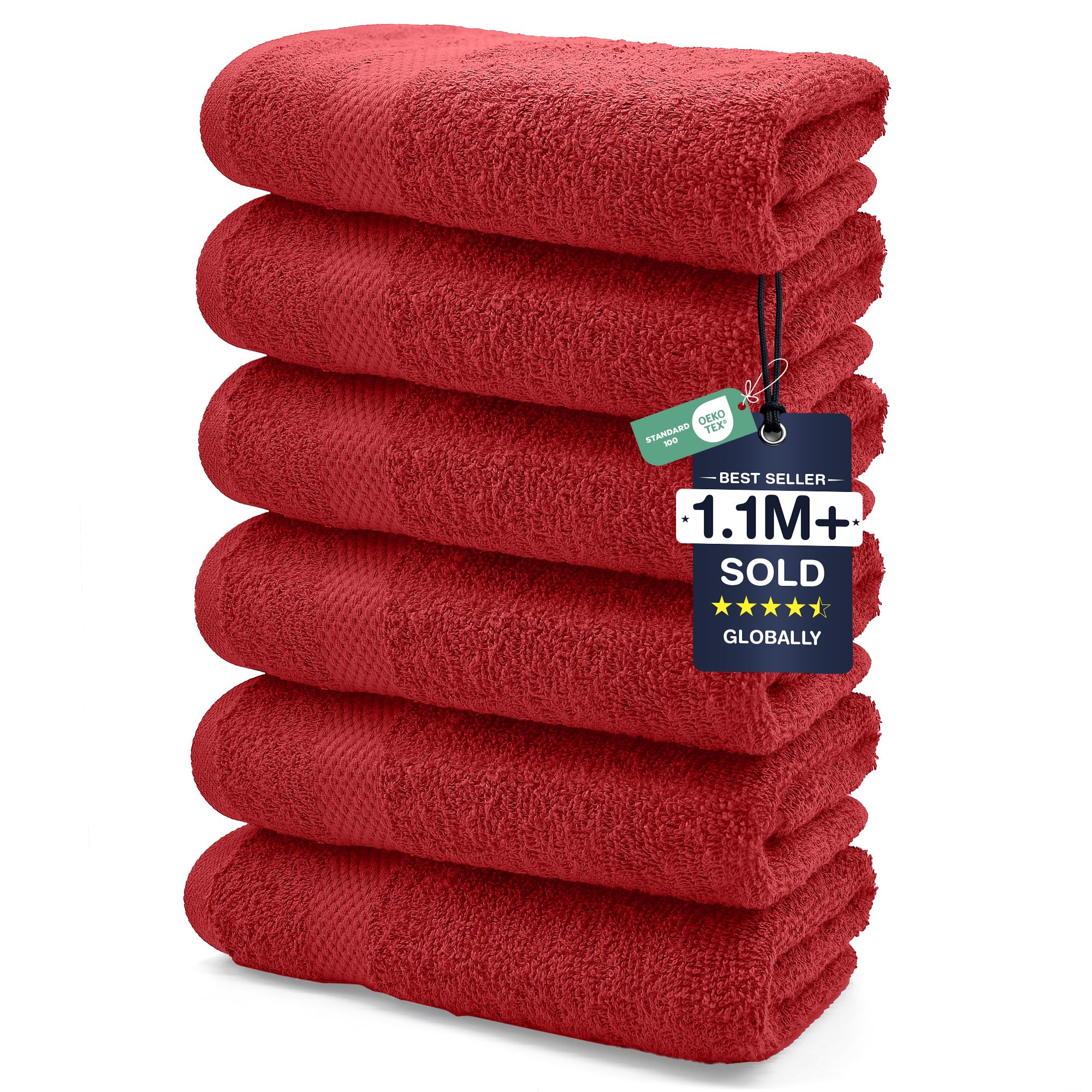 DAN RIVER 6-Pack Premium Hand Towels (16x28 Inches) - 100% Cotton, Ultra Soft, Lightweight, Highly Absorbent Towels for Bathroom, Spa, Gym, Salon, Hotel, and Travel - Red