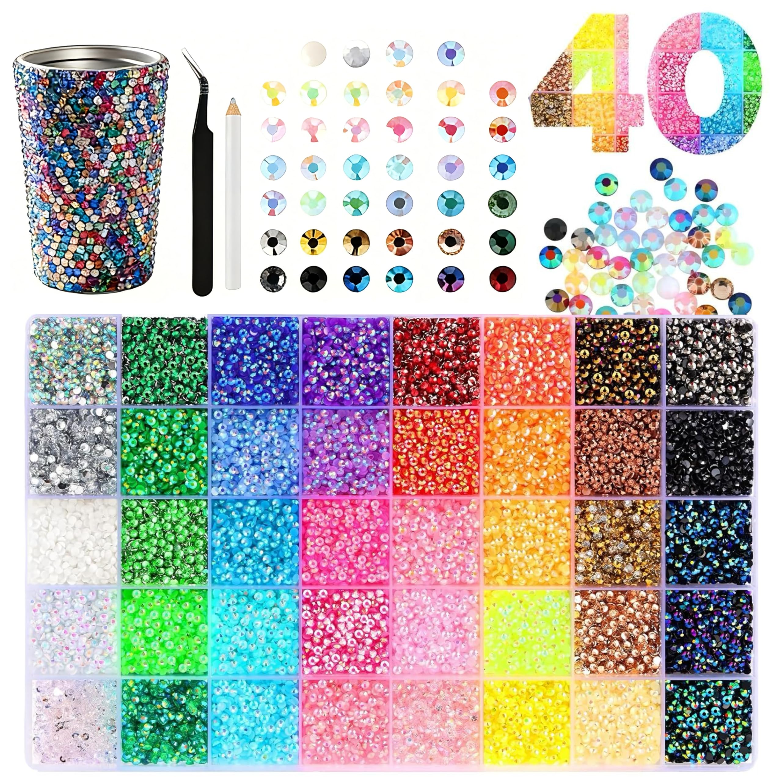 40 Couleurs 3mm Strass, 32000 Pcs Ongle Cristal Nail Art Diamants pour Ongles Avec Pincette et Stylo Pointeur Strass pour Art d’Ongles Vêtements le Visage L'artisanat