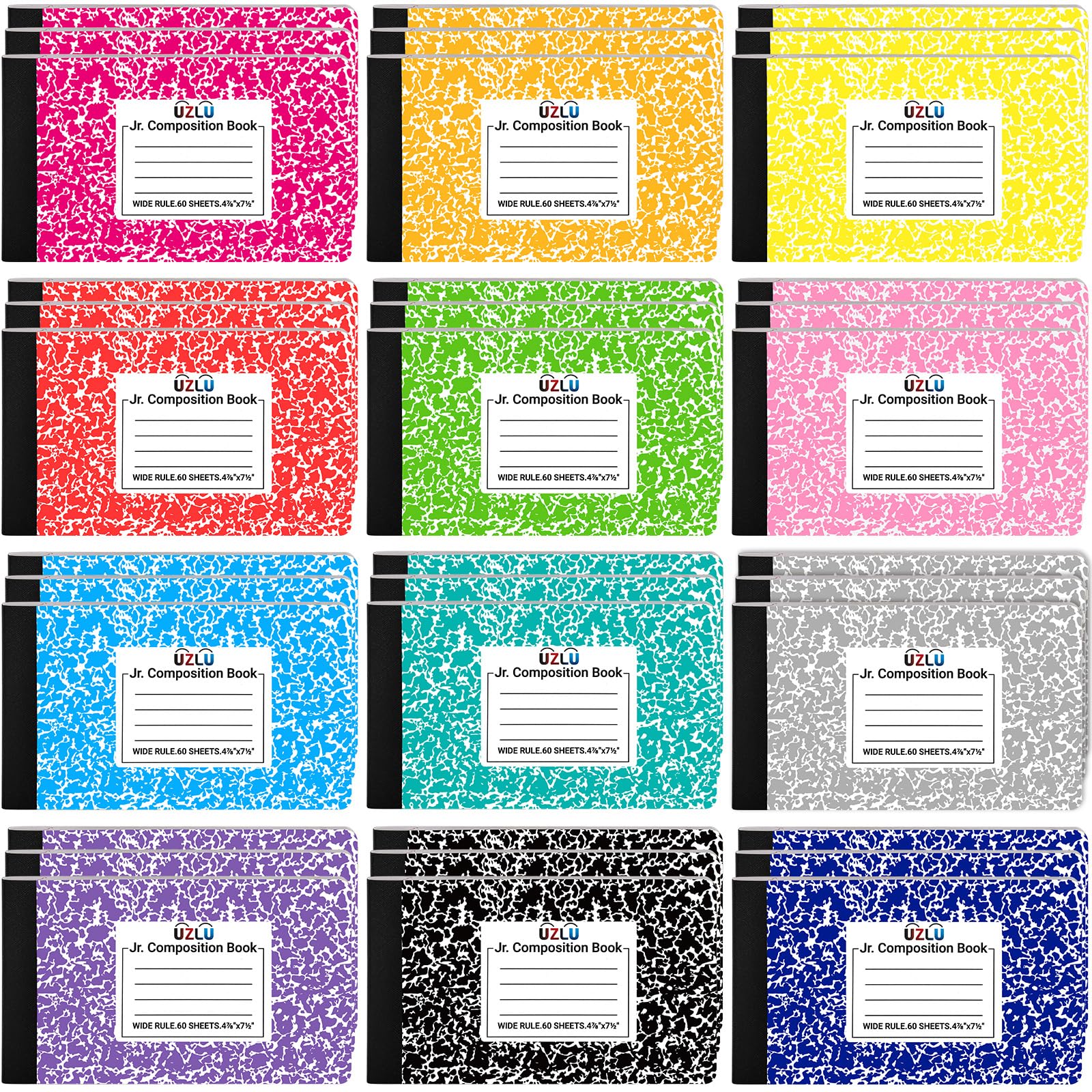 Confezione da 36 quaderni di composizione a righe larghe 4-7/8 "x 19,1 cm, 60 fogli mini quaderni a 12 colori, piccola tasca in marmo, libri per studenti, università, ufficio, rientro a scuola