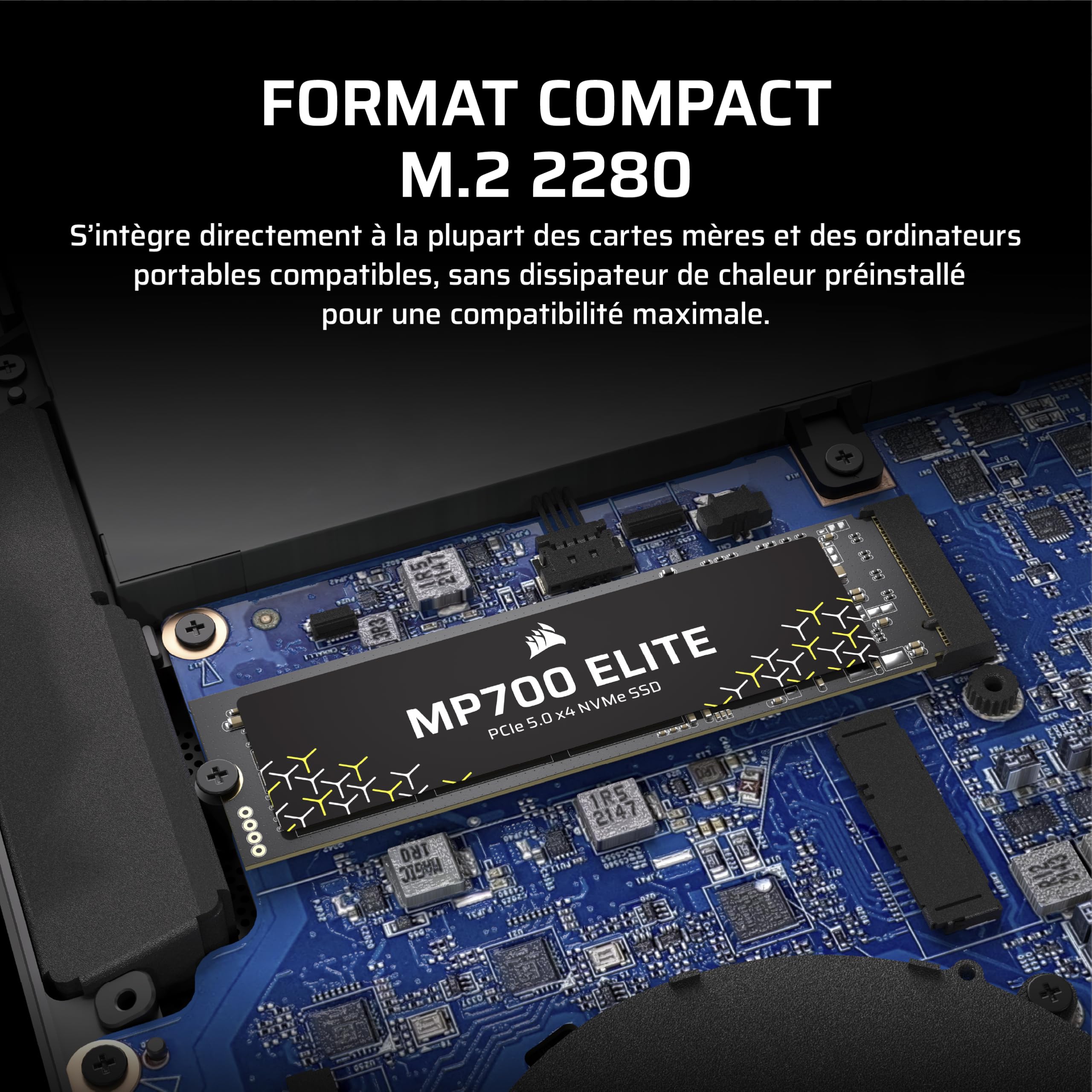 Corsair MP700 Elite 1 to PCIe 5.0 x4 NVMe M.2 SSD – Jusqu'à 10,000MB/sec – Haute Densité 3D TLC NAND – M.2 2280 – Compatible DirectStorage – Noir