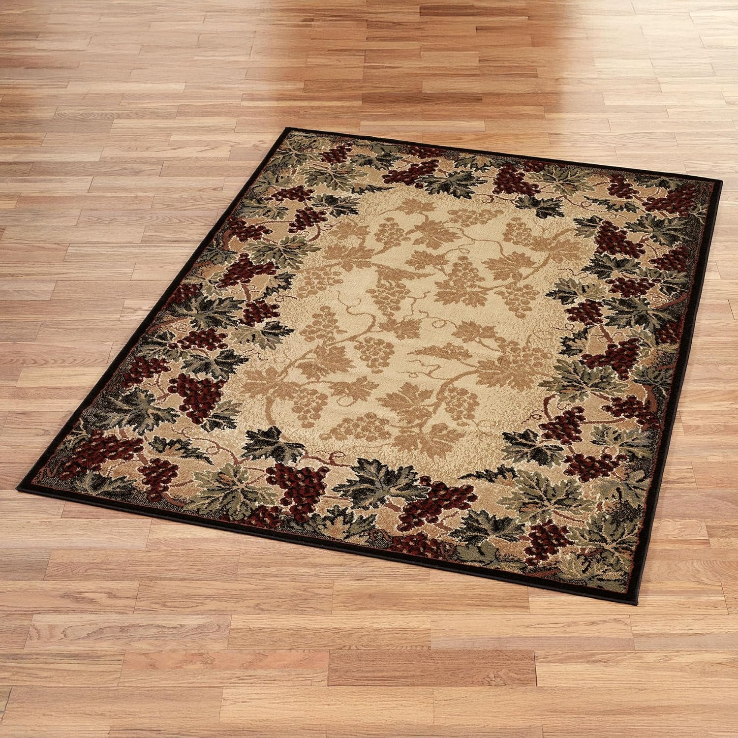 Beaujolais II Grape Area Rugs | 3 feet 11 inches x 5 feet 3 inches | Machine-Woven, Heat-Set Polypropylene Rectangle Floor Rug | Natural Earth Toned and Neutral Beige Grapevines, Grapes, and Leaves