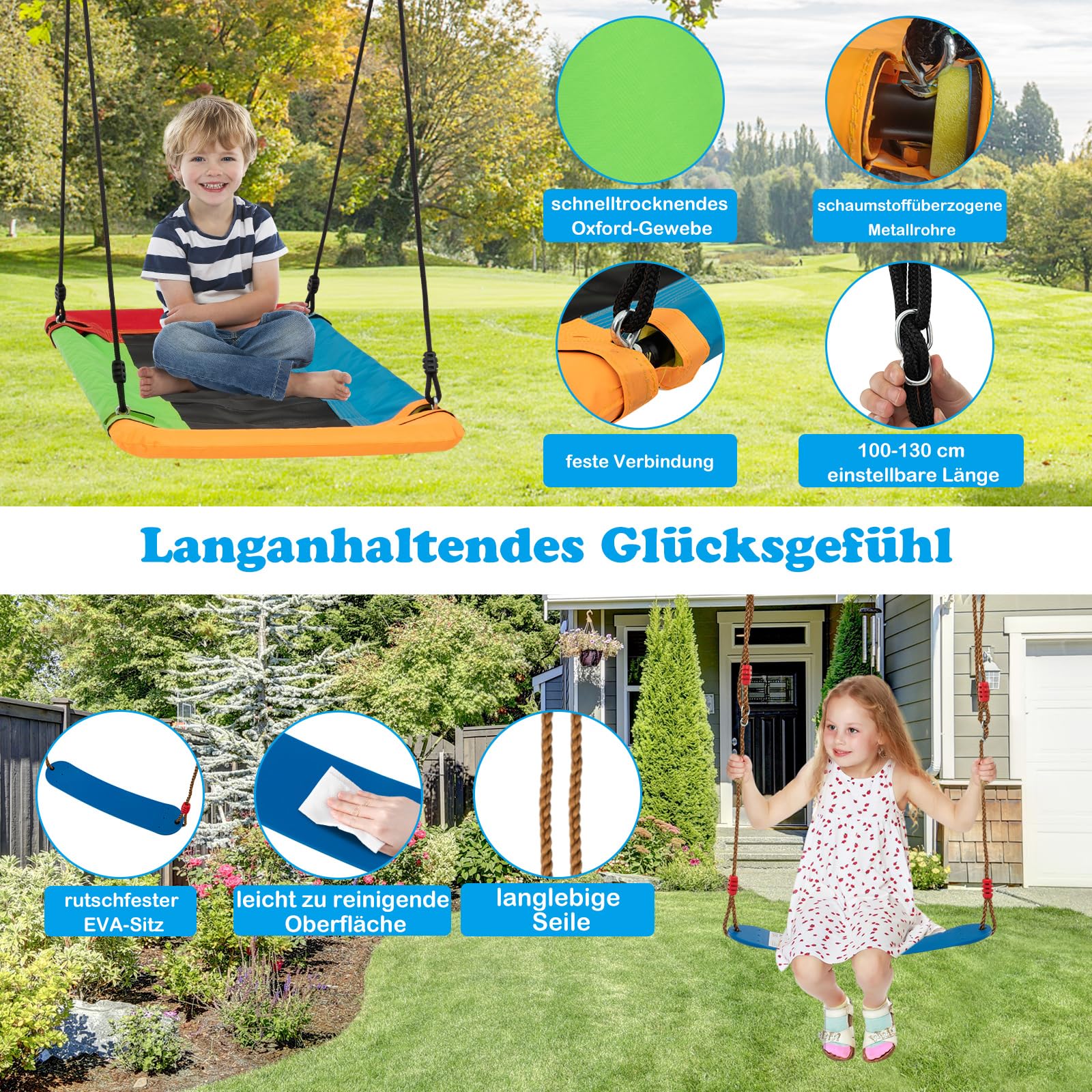 COSTWAY Schaukel mit Gestell Outdoor, Schaukelgestell Metall mit Erdspießen | Schaukelgerüst mit Nestschaukel, elastischer Kinderschaukel & Babyschaukel, Outdoor Schaukel für Kinder, 350 x 182 x 188 cm