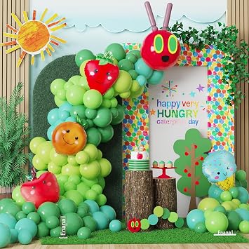 Hungry One Caterpillar Balloon Garland Kit, 164pcs Green Caterpillar Shaped Balloons with Fruit Foil Balloons for First Birthday Decorations Picture Book Story Theme Party Summer Baby Shower Supplies