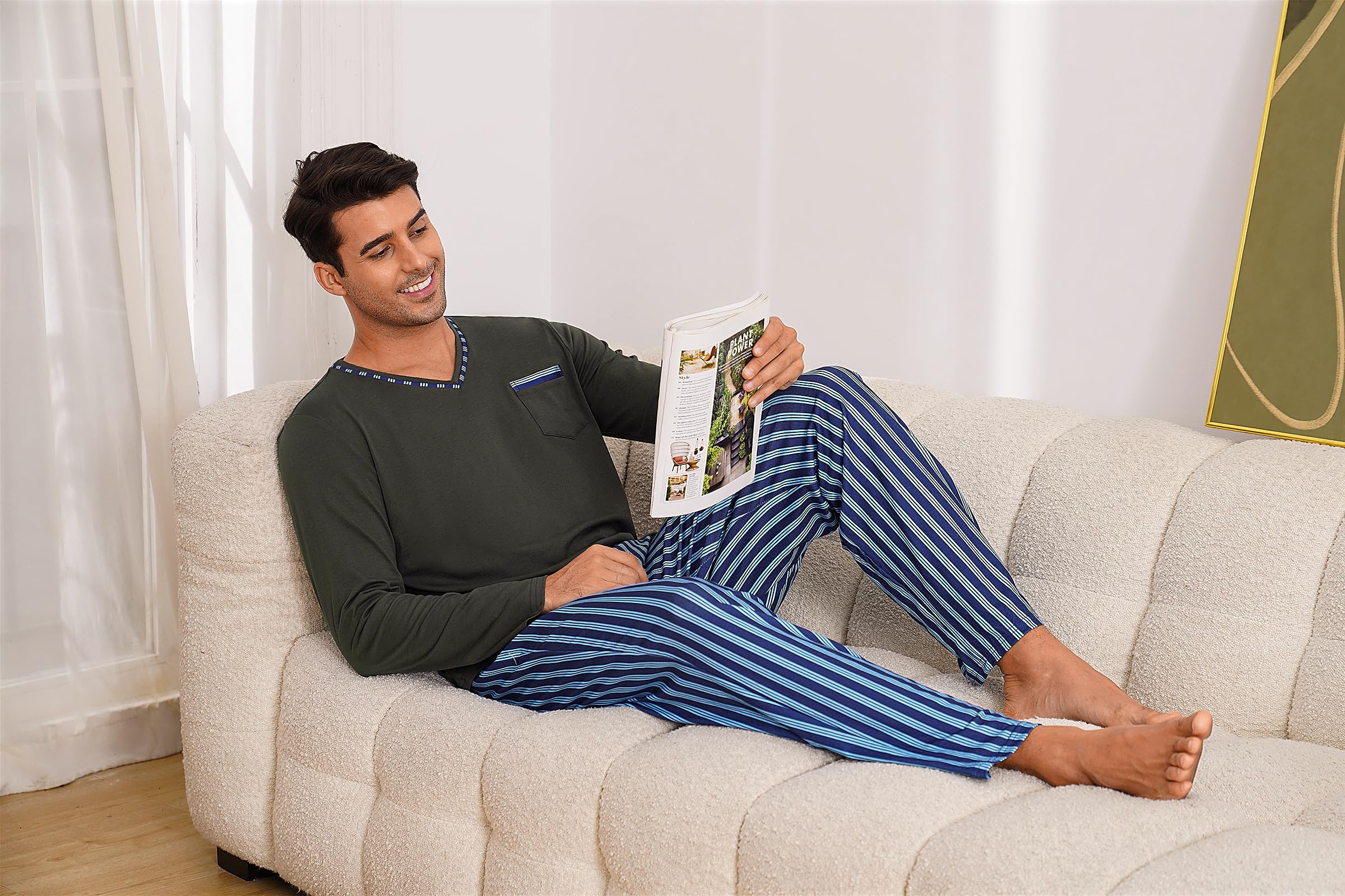 Demegimi Pigiama Uomo Invernale Cotone Leggero Pigiama da Uomo a Righe Pigiami Due Pezzi da Uomo a Maniche Lunghe con Scollo a V e Pantaloni