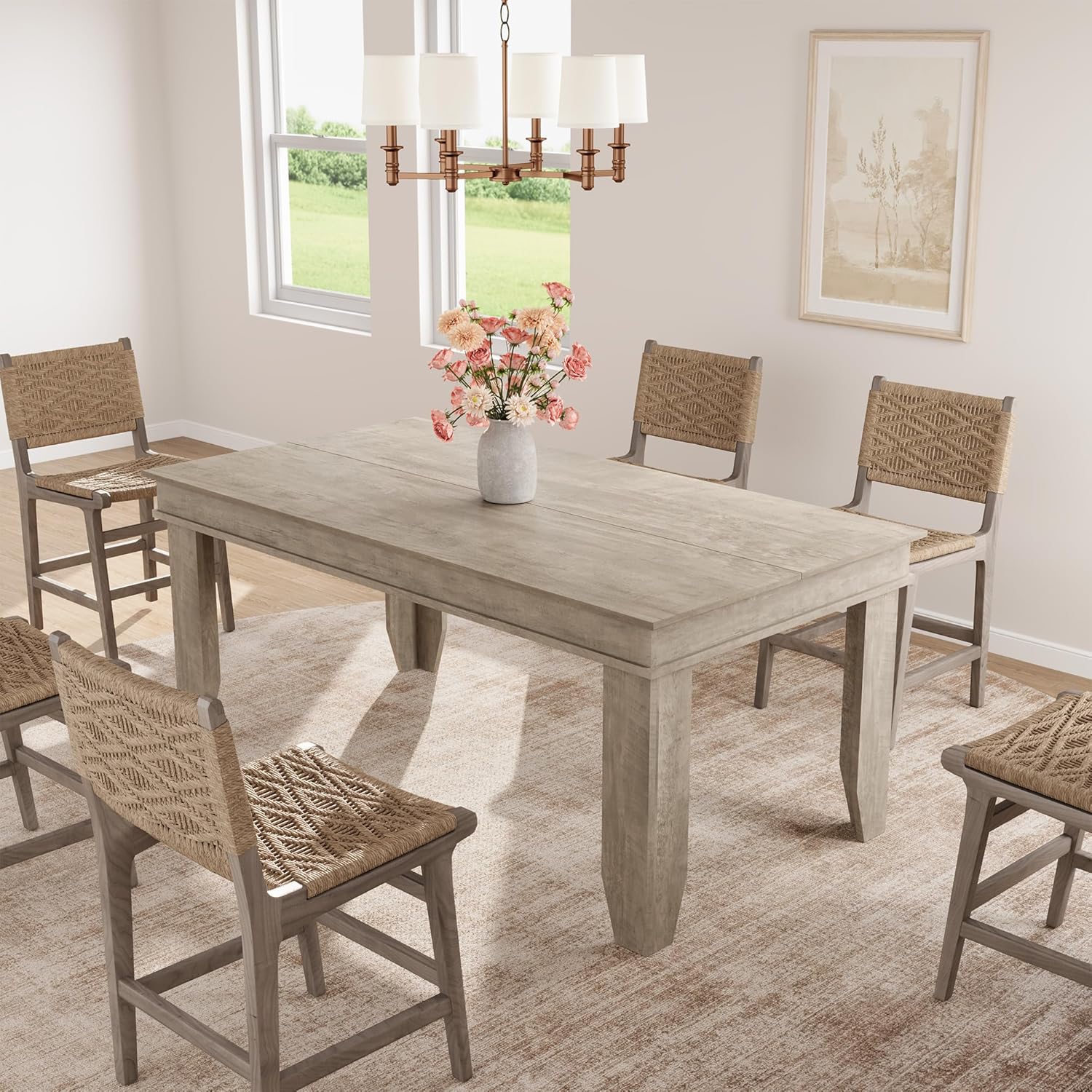GarveeHome Farmhouse Dining Table for 4-6 People, 63 in Long Kitchen Tables with Wooden Sturdy Frame, 5 ft Large Rectangular Dinner Table for Dining Room, Kitchen, Grey, 63" Non-extendable