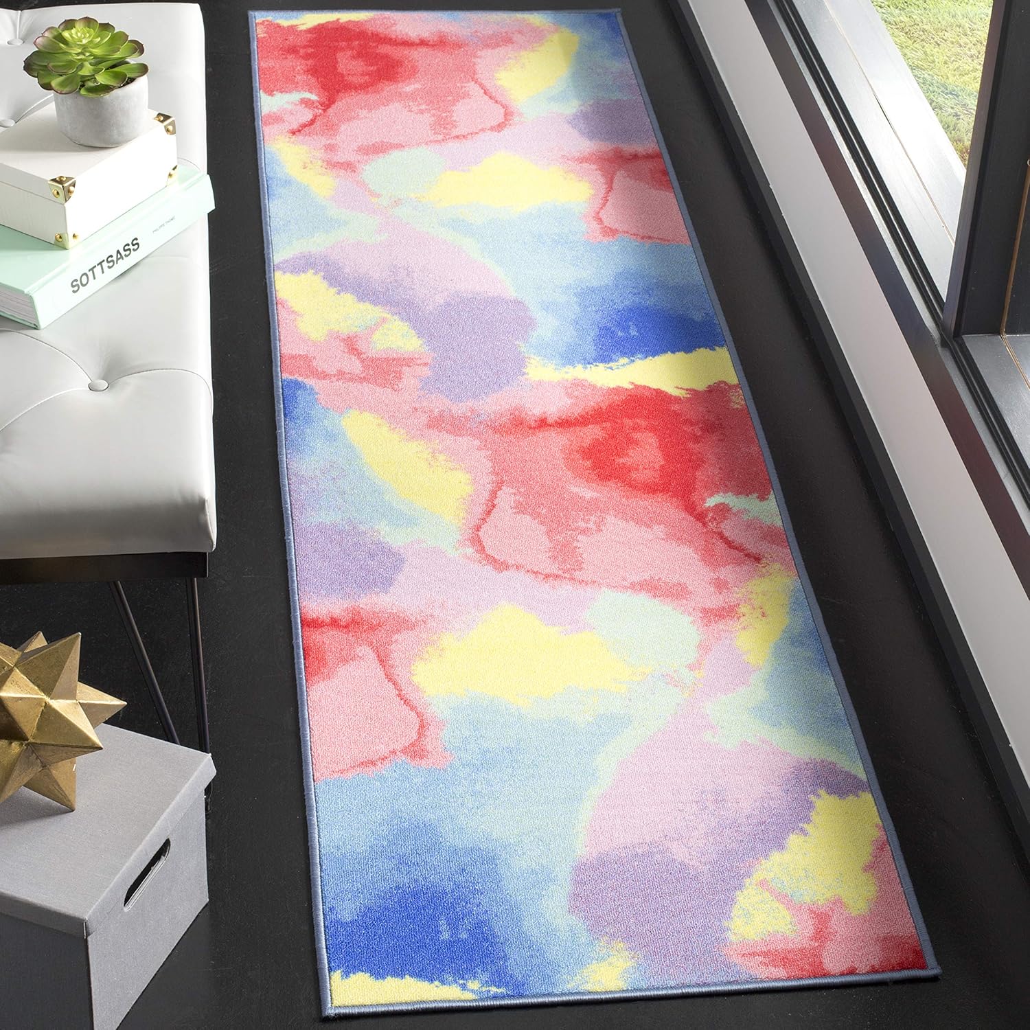 SAFAVIEH Washable Rug Paint Brush Collection - 2'2" x 8' Runner, Fuchsia & Yellow, Slip Resistant & Easy to Clean, Ideal for Living Room, Hallway, Foyer, Nursery, Bedroom, Kids Room (PTB121A)