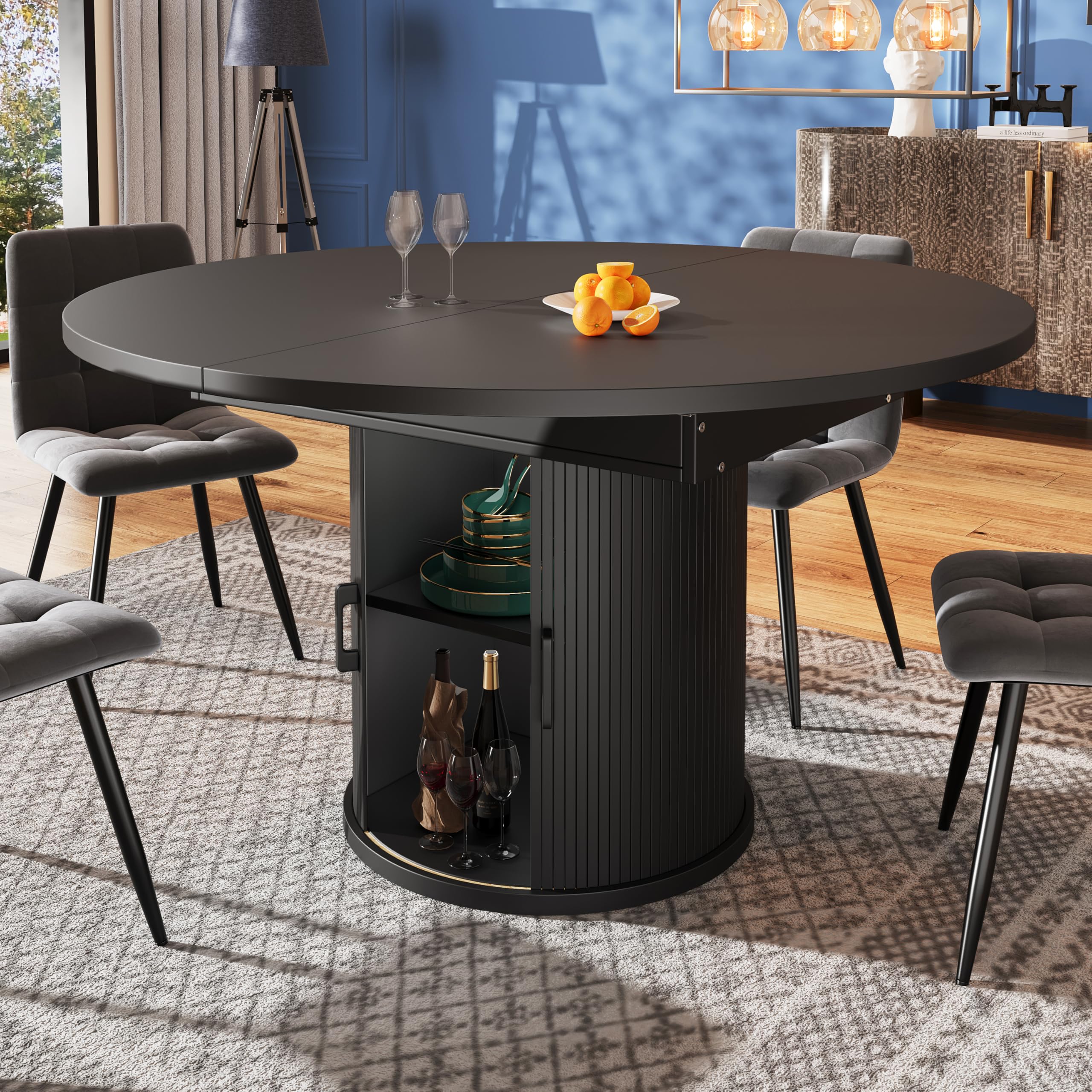 Esstisch ausziehbar, Esszimmertisch, Küchentisch, balkontisch, ausziehbare Tischplatte Runder Esstisch, ausziehbar zu oval, Platz für bis zu 6 Personen (Schwarz, 158 * 118 * 76.8cm)