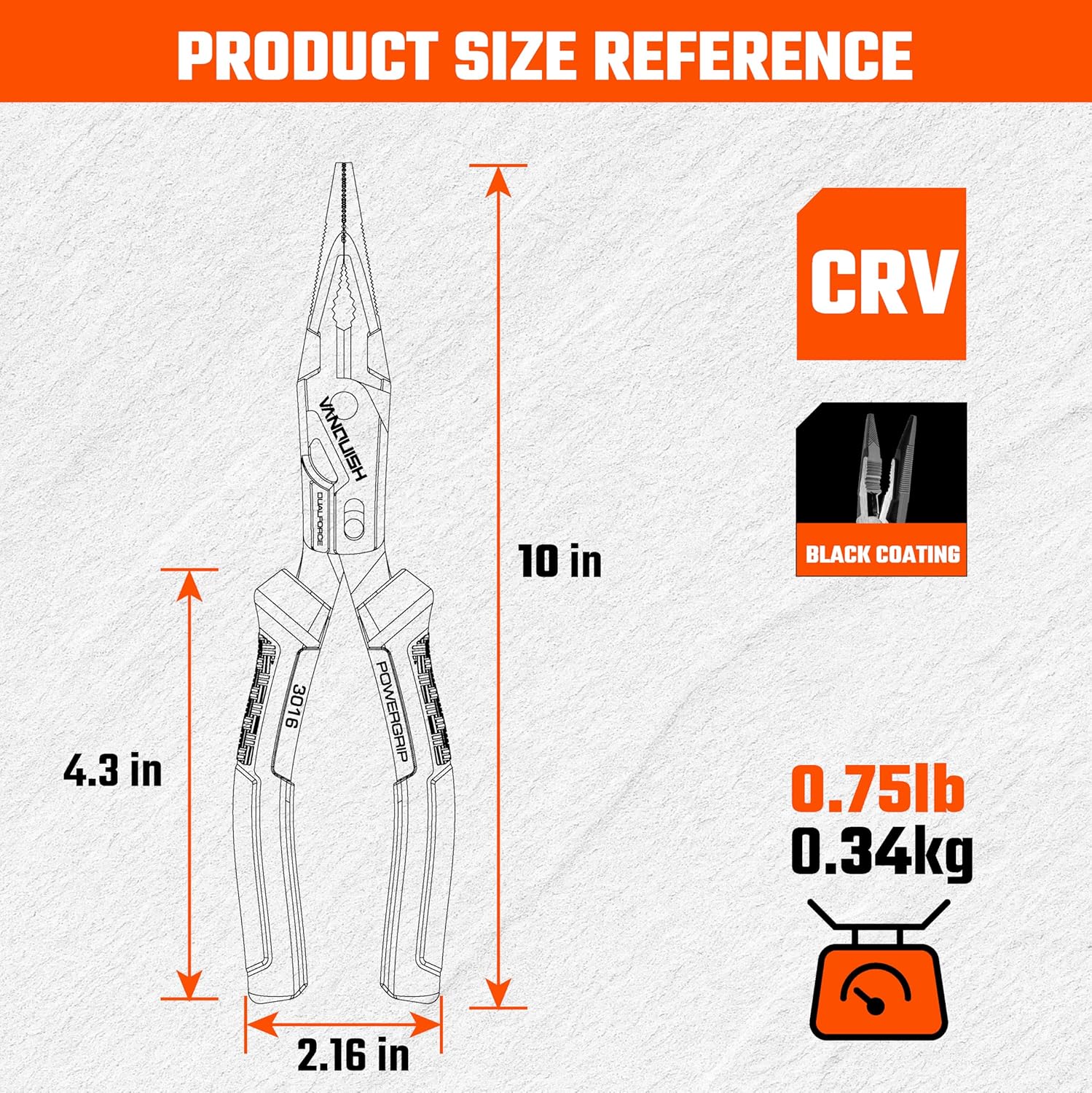 VANQUISH Dual Pivot Compound 8 Inch Long nose Plier, CR-V Steel, Power Grip Handle, 50% Less Effort to Cut, 3016