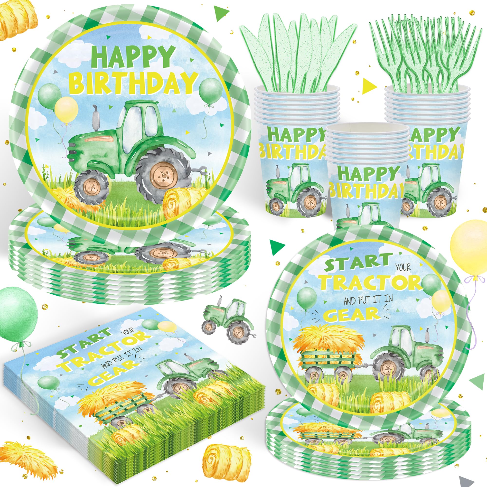120PCS Tractor Party Supplies for Kids Green Farm Tractor Lawn Birthday Party Decorations Paper Plates Napkins Cups and Forks Knives Tableware Set Serves 20 Guests Dinnerware