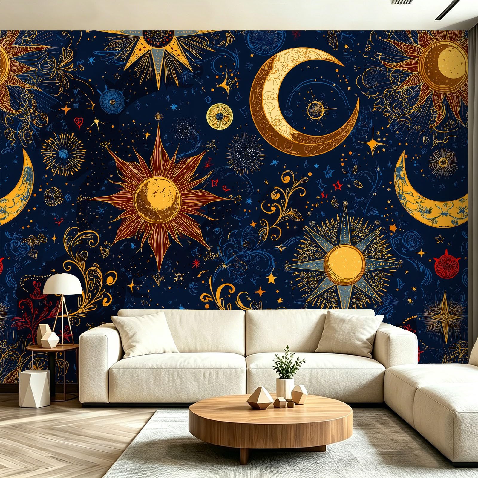 Fototapeta sztuka kosmiczna gwiaździste niebo księżyc i słońce tapeta ścienna plakat 300 x 210 cm zdjęcie do sypialni salonu TV ściana sypialnia, granatowe złoto