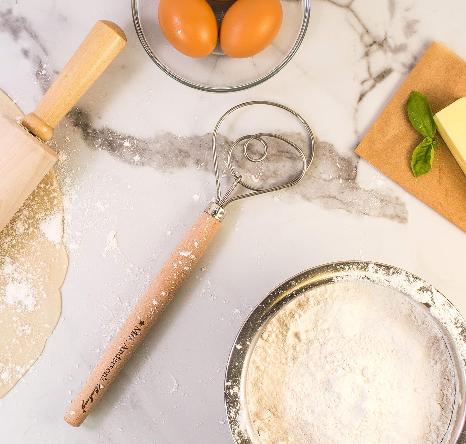 Mrs. Anderson's Baking Dough Whisk 18/8 Stainless Steel Blade, 12-Inches, wood