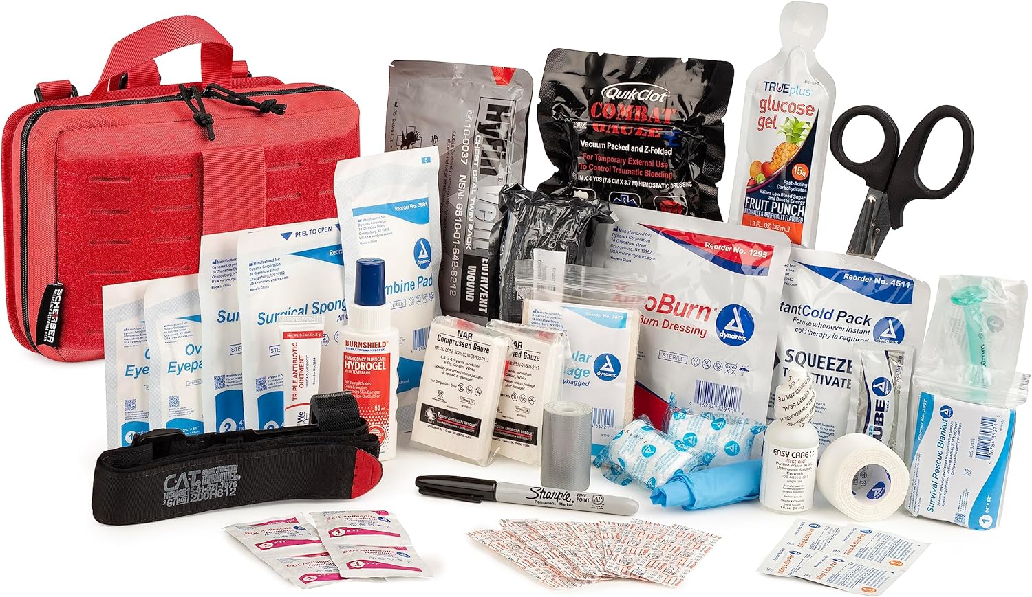 Scherber Vehicle IFAK Emergency Trauma Kit | 95+ Medical Supplies & Equipment, NAR Tourniquet & CPR Mask | Fully Stocked Rip Away Molle Pouch for Car, Home & Professional First Aid | Ultimate, Red