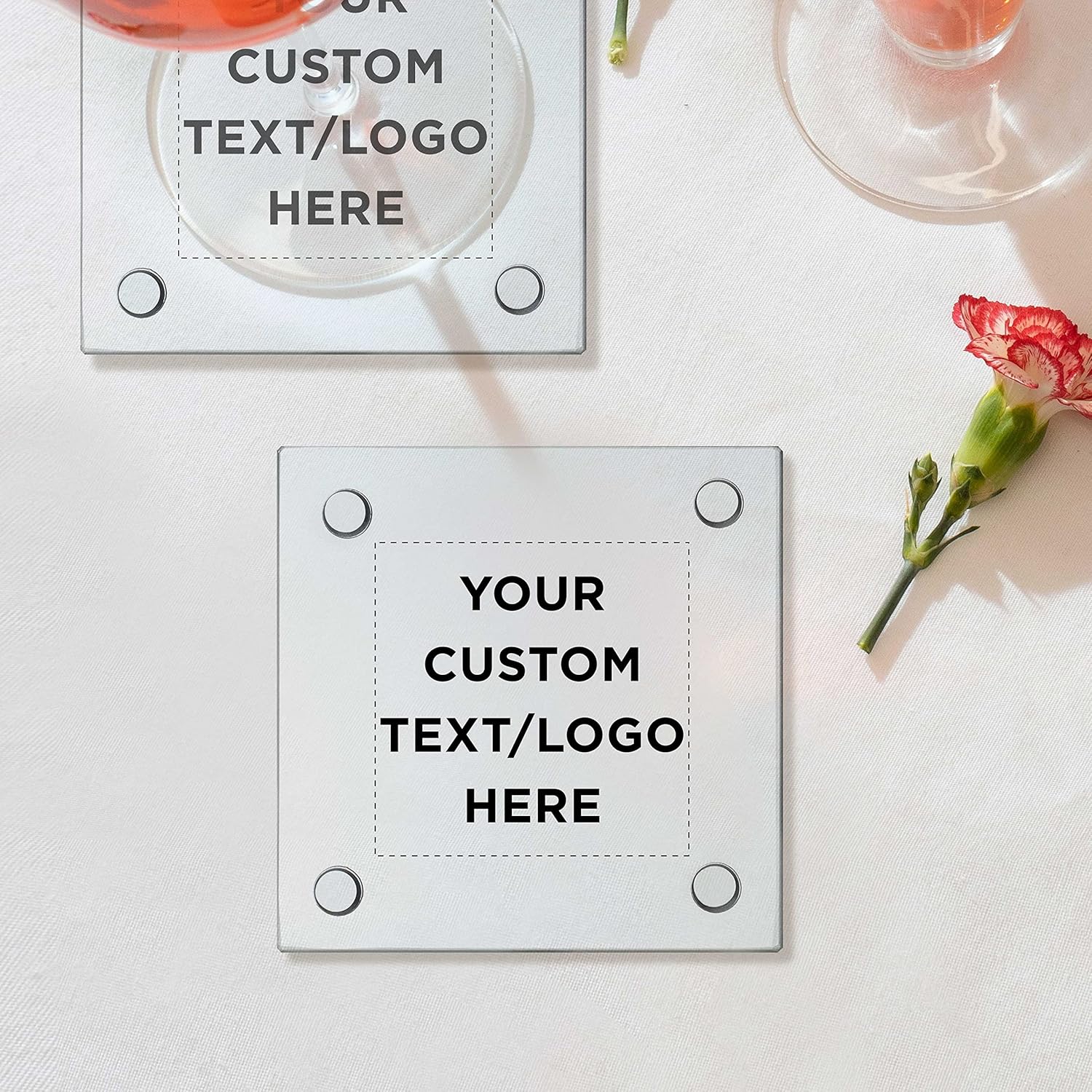 DISCOUNT PROMOS Custom 4 in Square Custom Glass Coasters Set of 10, Personalized Bulk Pack - Perfect for Table Decor, Kitchen Decor, Wedding Favors - Clear