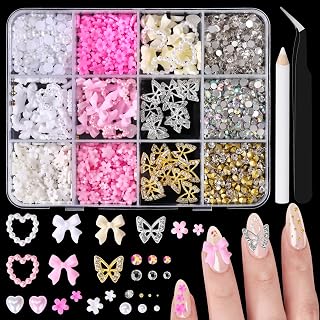 Nail Charms and Gems Set, Butterfly Charms, 75pcs Coquette Nail Bows and Hearts, 3D Flowers for Nails with Rhinestones, Pearls, and Diamonds, Including Picker Tools for Y2k-Style Nail Decoration B