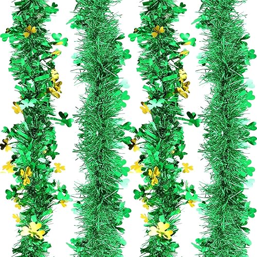4 guirnaldas metálicas de oropel del día de San Patricio 263 pies trébol guirnalda metálica de oro verde trébol oropel guirnalda de oropel para