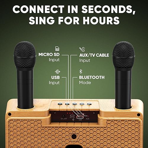 Miniatura 16 de MASINGO máquina de karaoke para adultos y niños, con altavoces Bluetooth portátiles, 2 micrófonos inalámbricos, luces LED, sistema PA y modo karaoke