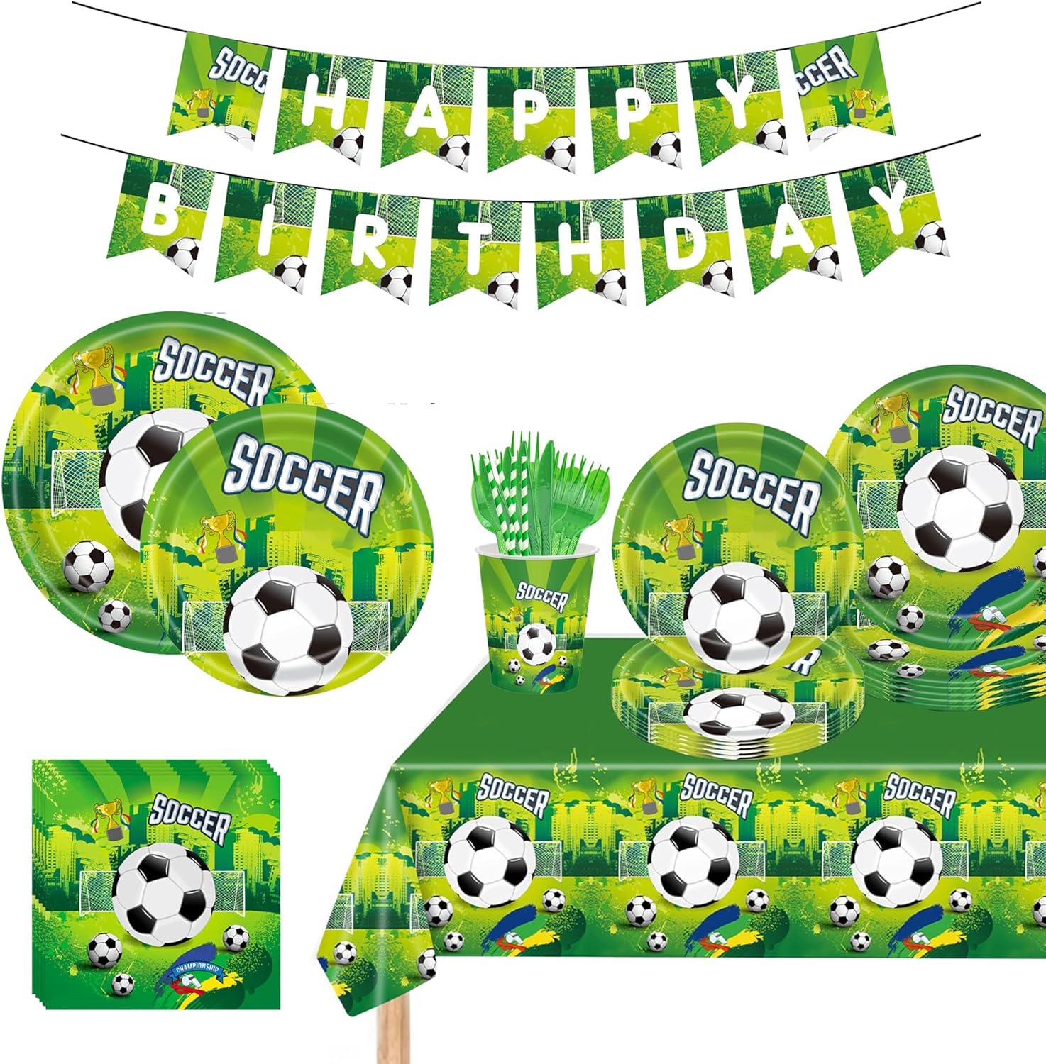 194 PCS Soccer Party Decorations – Soccer Birthday Party Supplies for 24 with Plates, Cups, Napkins, Cutlery, Tablecloth, Banner – Great for Kids Birthday, Game Day and School Events