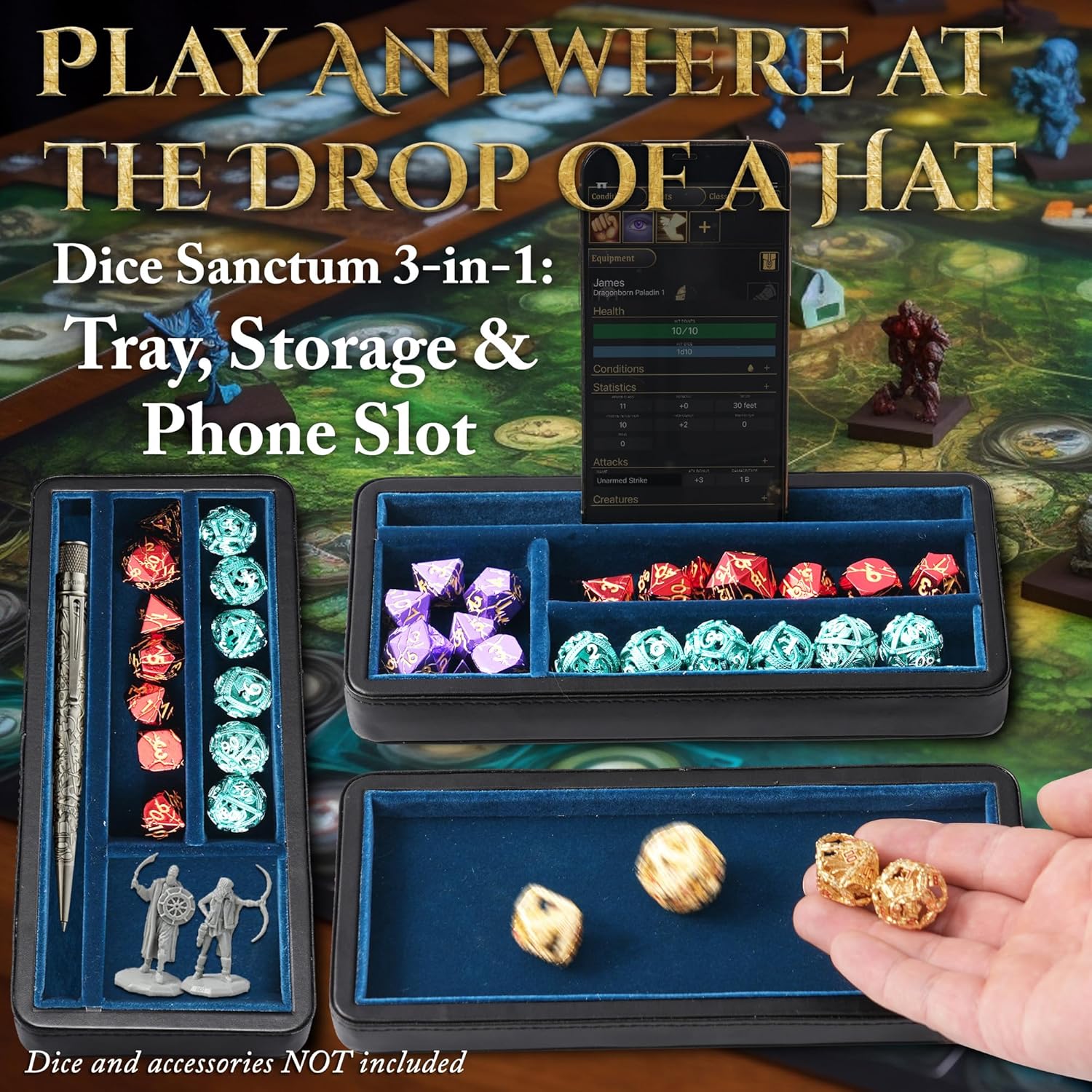 Soar Forge Sanctum Dice Box - Premium Case & Dice Tray for DND - Phone/Pen Slot, Magnetic Lid and Storage for your Sets, Mini's and More - Felt-Lined Vault Holder for D&D and RPG (Blue)