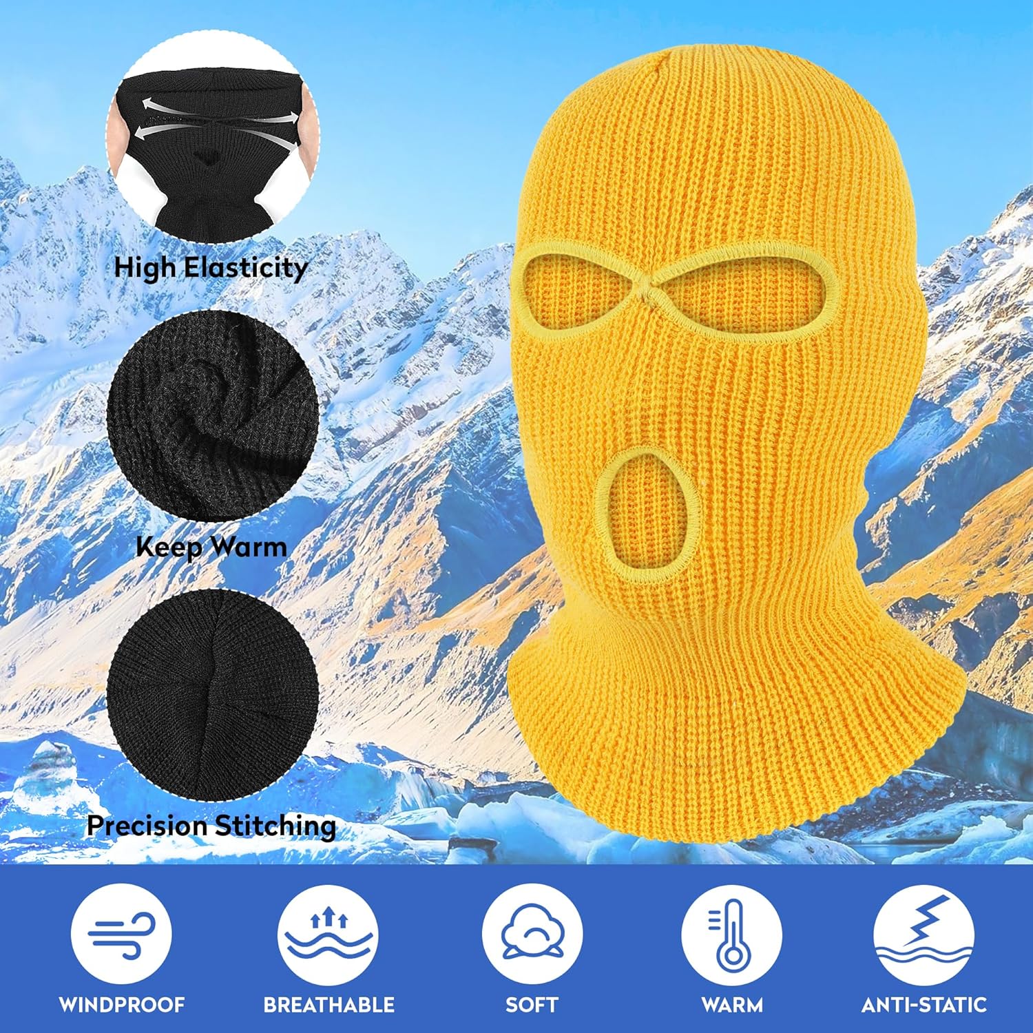 Pukavt 3 Hole Winter Knitted Mask, Full Face Cover Ski Mask Warm Balaclava for Skiing, Motorcycle, Snowboard - Image 3