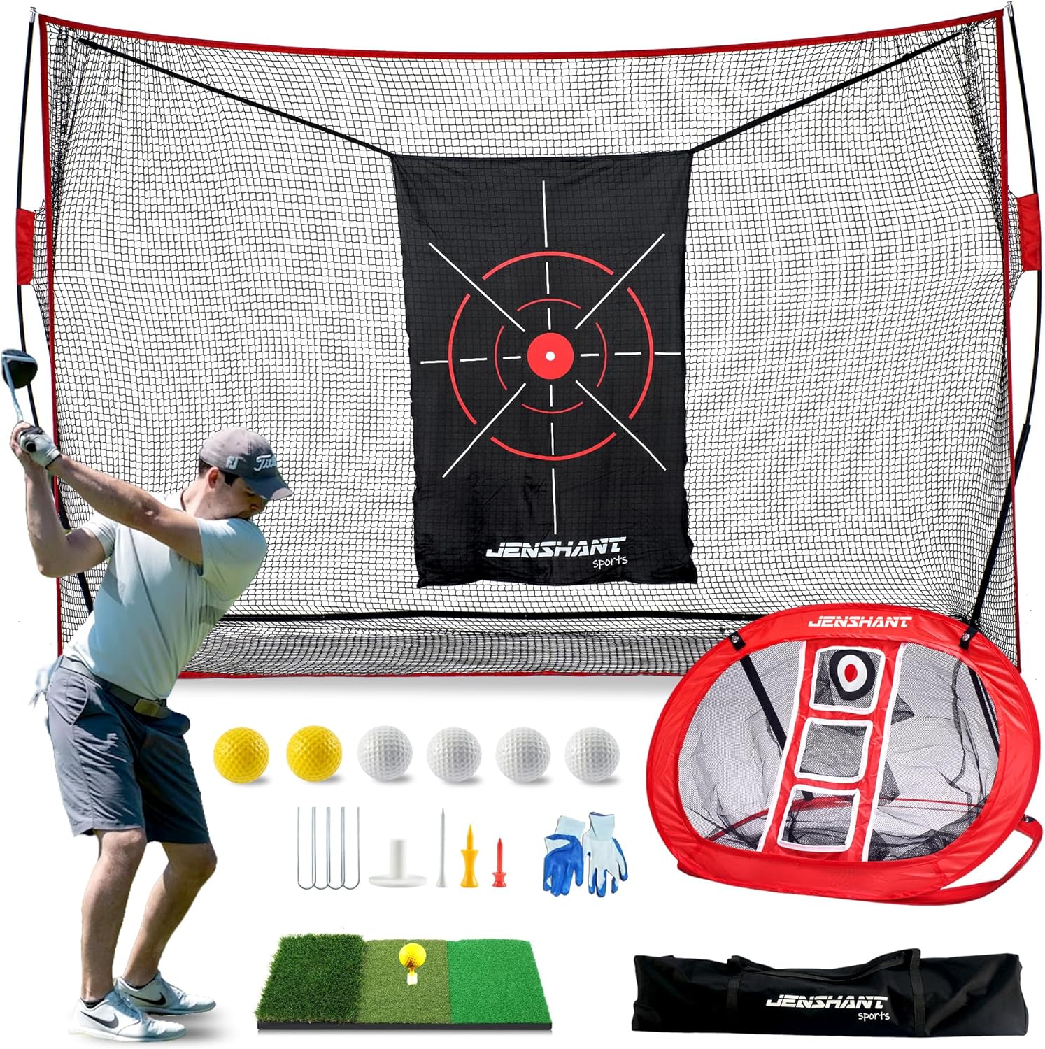 10x7ft Golf Practice Net with Chipping Target, Foldable Mat, 8 Tees & 6 Balls – All-in-One Golf Hitting Net for Backyard, Indoor Outdoor Use, Includes Carry Bag for Easy Storage