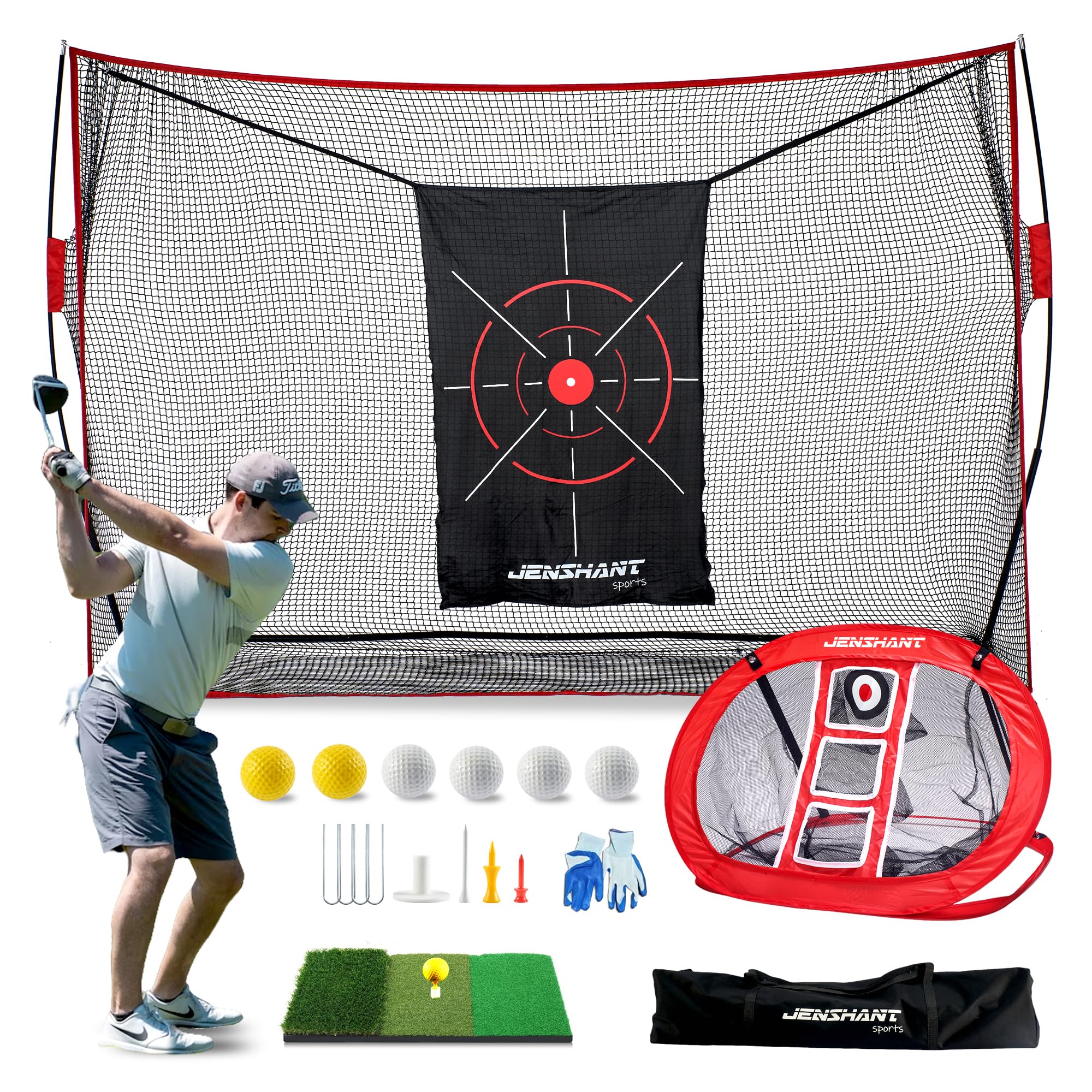 10x7ft Golf Practice Net with Chipping Target, Foldable Mat, 8 Tees & 6 Balls – All-in-One Golf Hitting Net for Backyard, Indoor Outdoor Use, Includes Carry Bag for Easy Storage